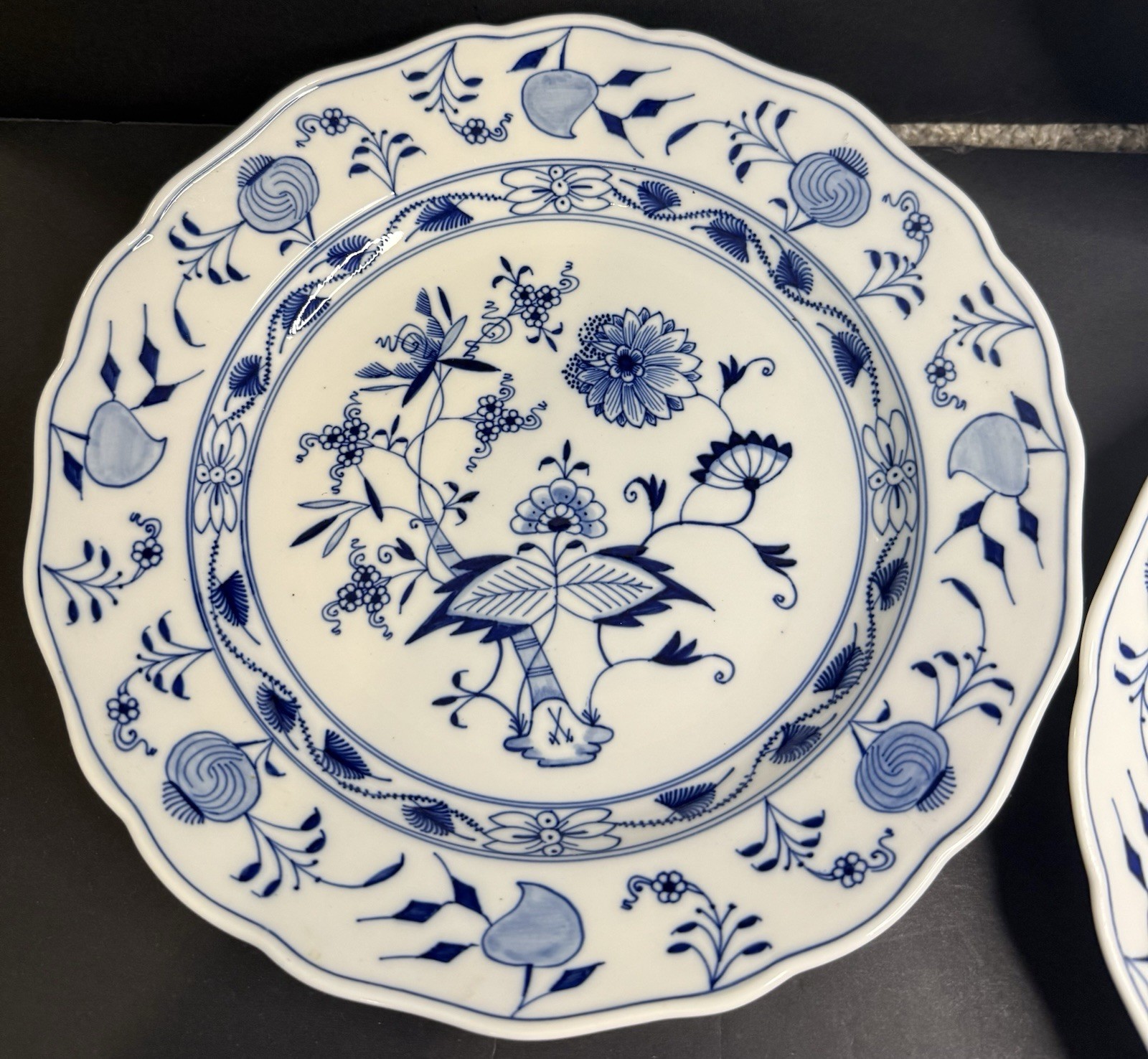 Antique Meissen Blue Onion Dinner Plates Set Blue White Rimmed Sword Backstamp