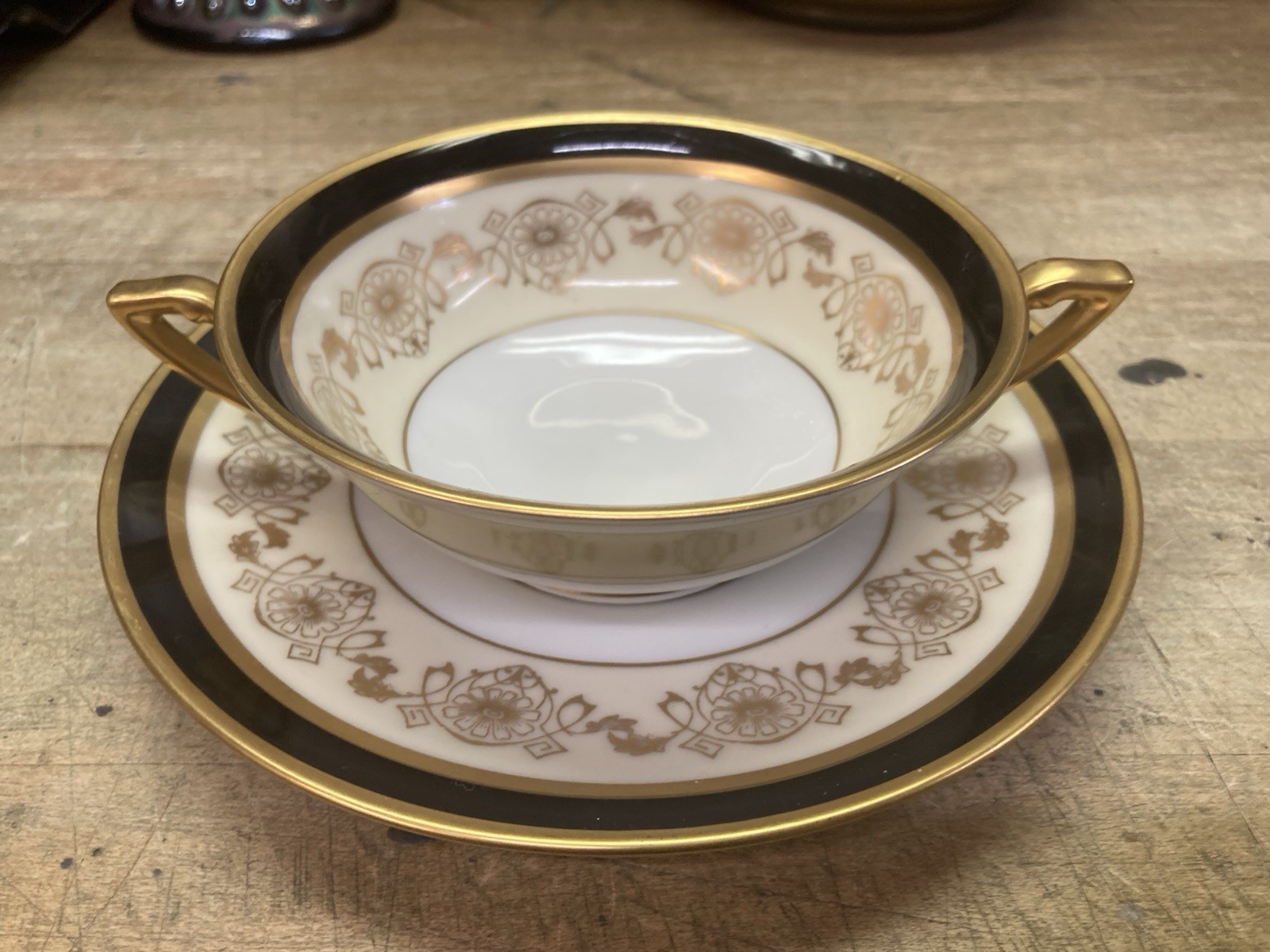 Thomas Bavaria / Pickard China Black And Gold Bullion Soup Cup With Saucer