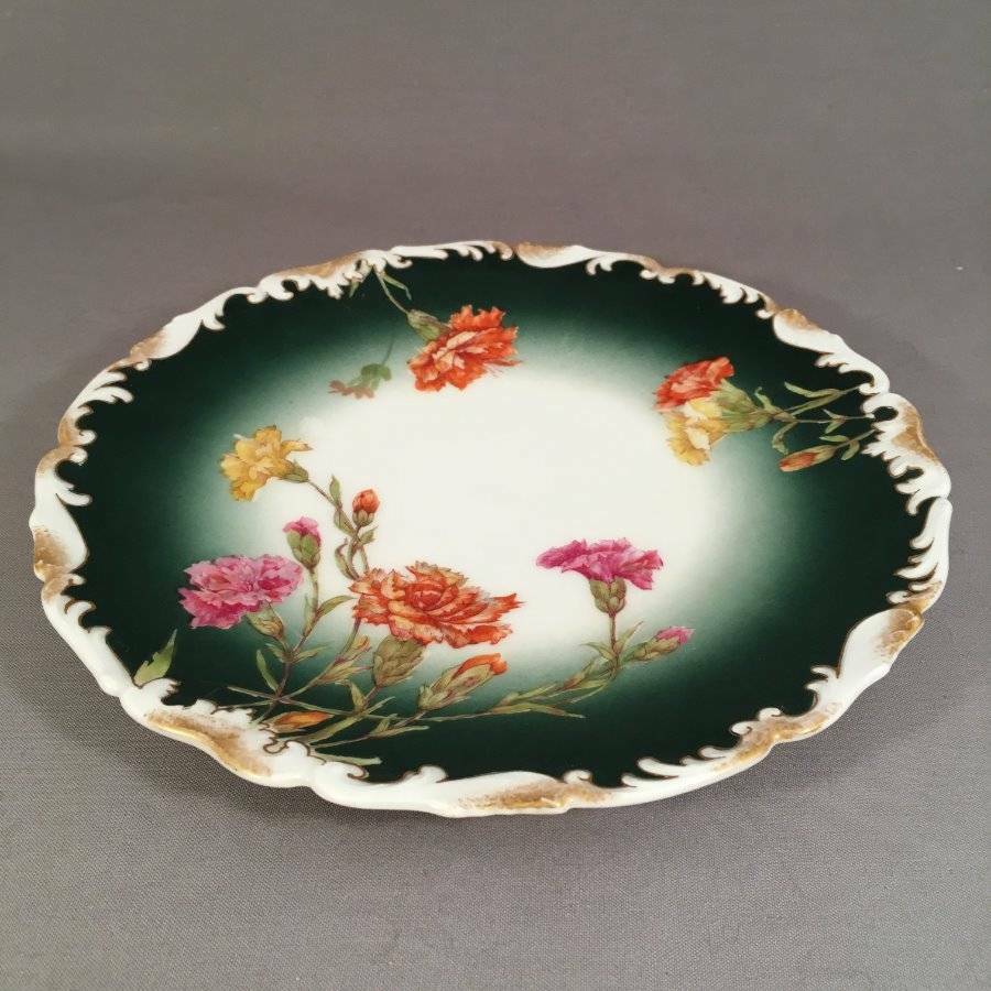 Elegant Antique T V Limoges France Dark Green Plate Scalloped Carnations Floral