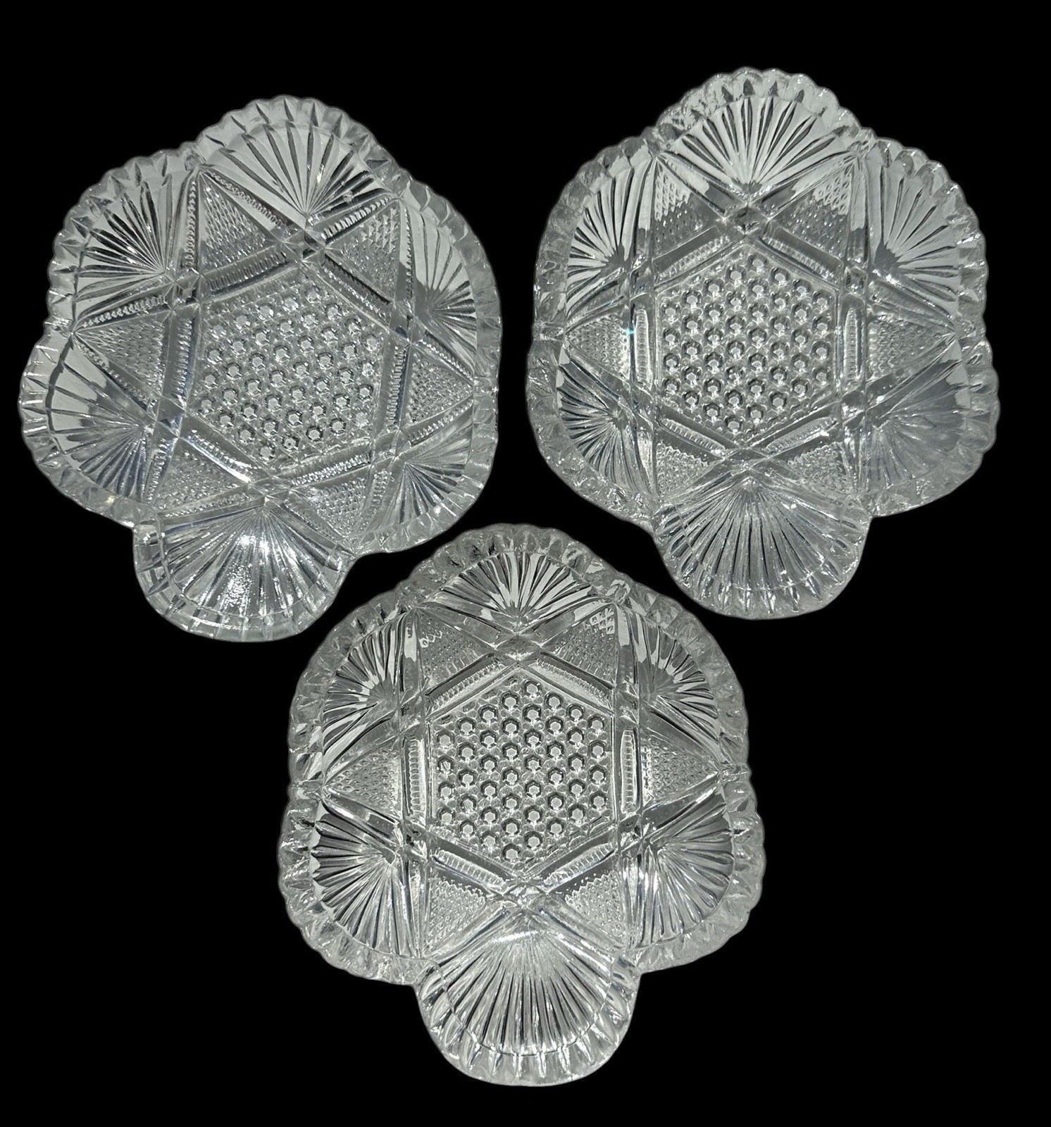 Vintage Pressed Glass Oyster Dishes Set of 3 Clover Asymmetrical Hobnail Relish