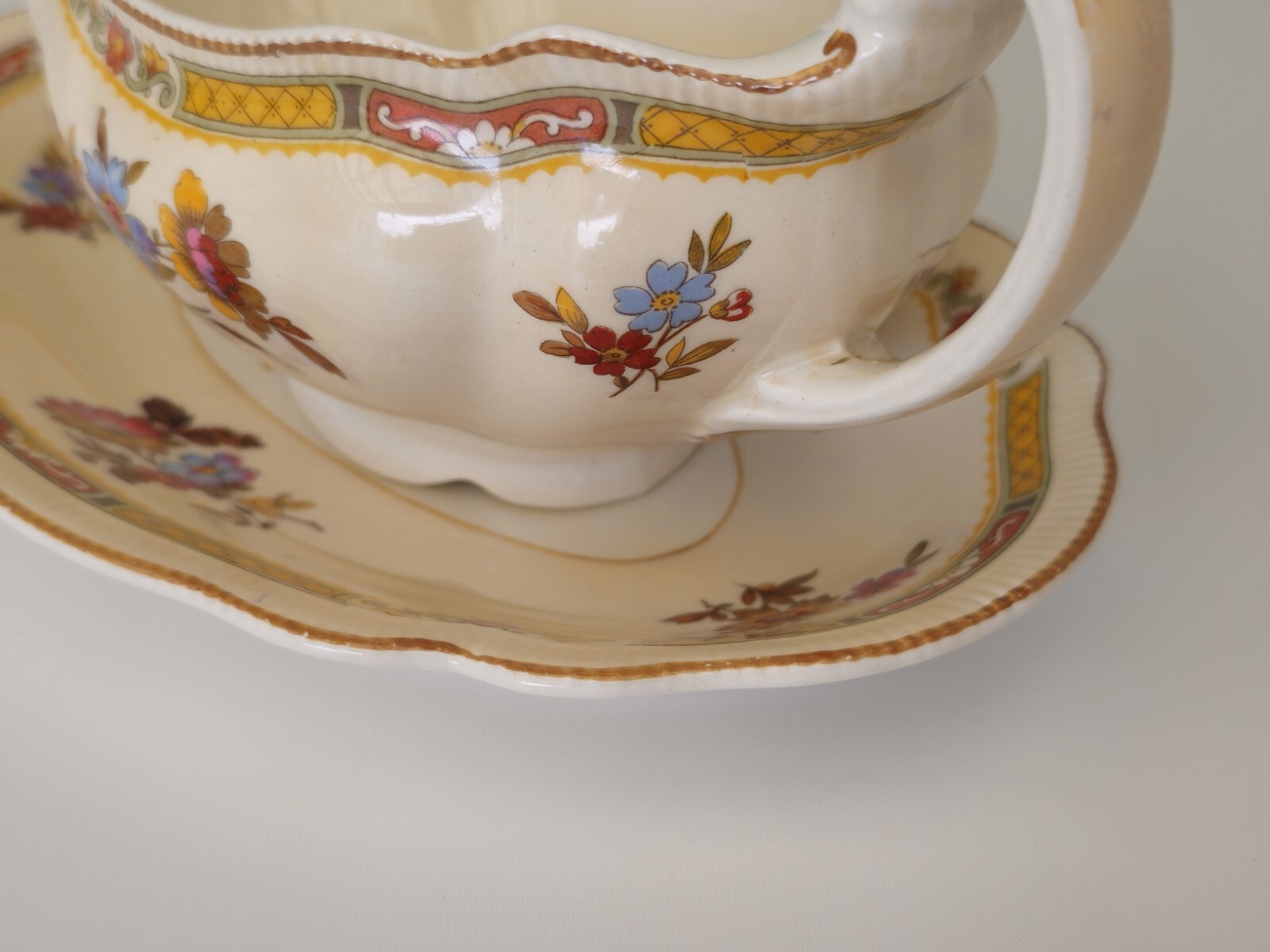 Gravy Boat & Plate Old Staffordshire Pareek Rouen By Johnson Bros 1920s Antique