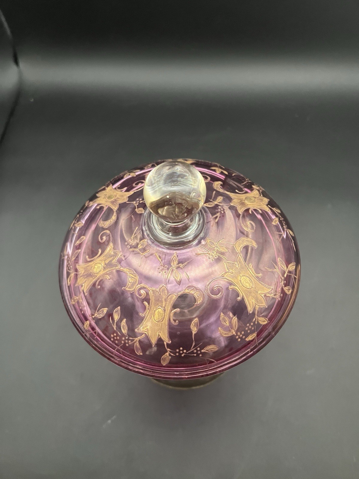 Cranberry Glass Candy Dish Bohemian Czech Lidded Pedestal Gold Details Vintage