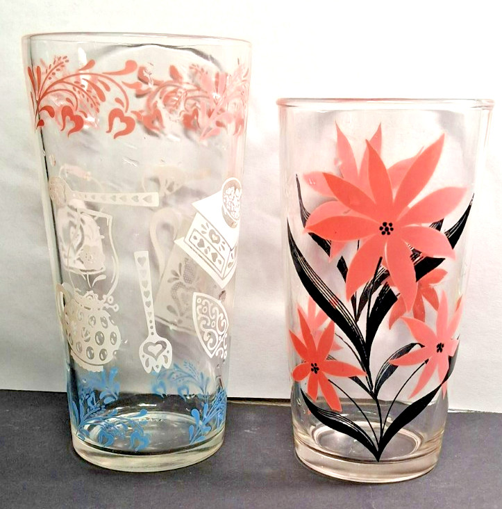 Vintage Hazel-Atlas Drink Glasses ‘Kitchen Aids’ & ‘Pink Poinsettia’ ~ 1950s