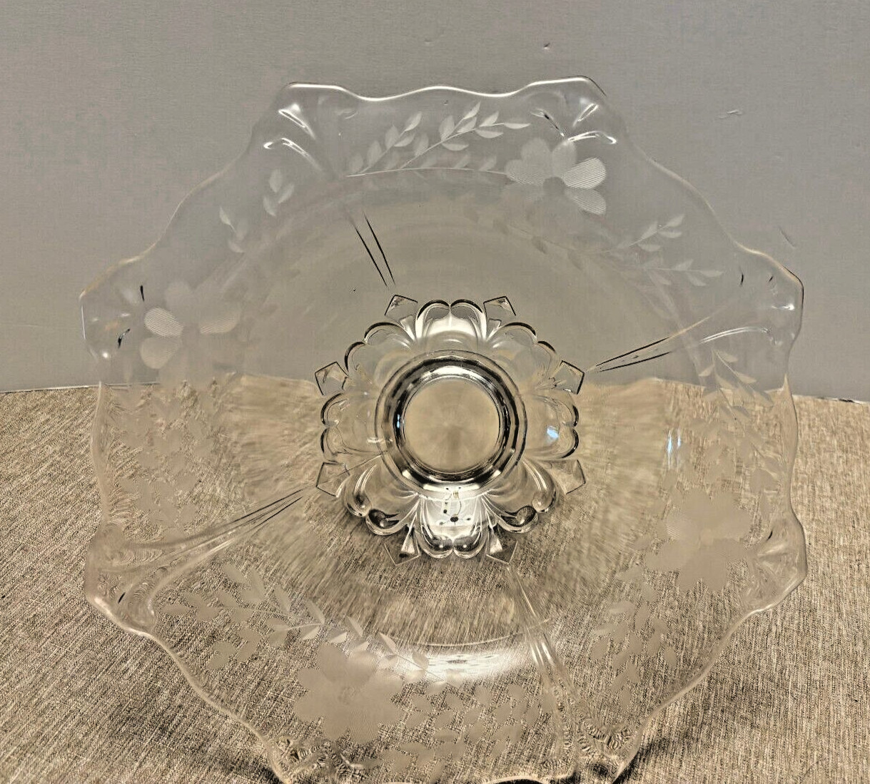 Vintage Clear Etched Compote Pedestal Bowl May be Depression Glass