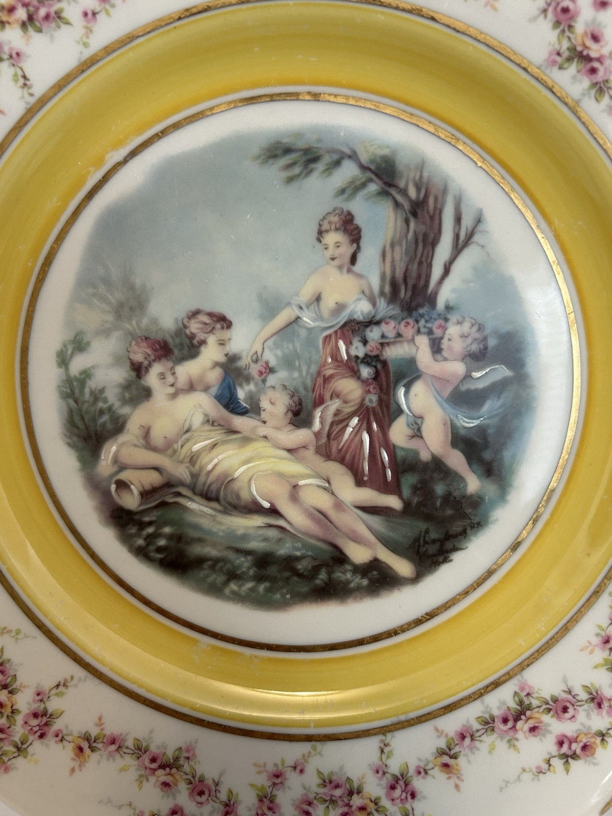 Porcelain Decorative Plate Floral Border Yellow Rim Cherubs & Women Scene