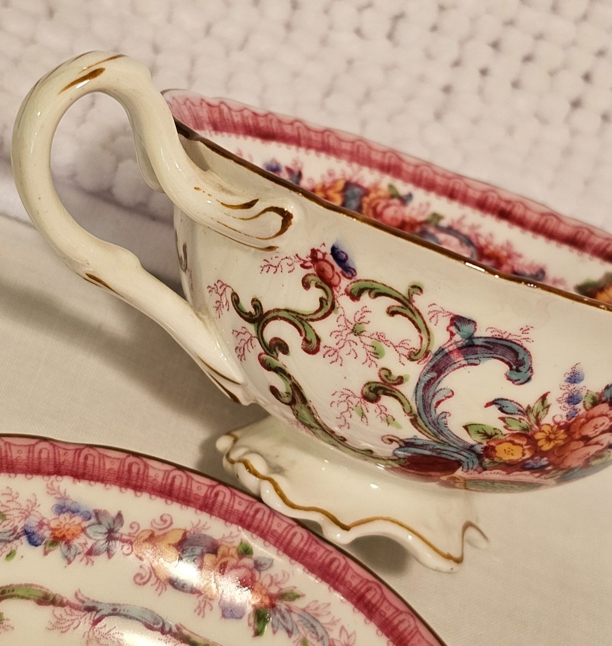 Bouillon cups w/ saucers, set of three, vintage china, Haviland, Cauldon, Pouyat