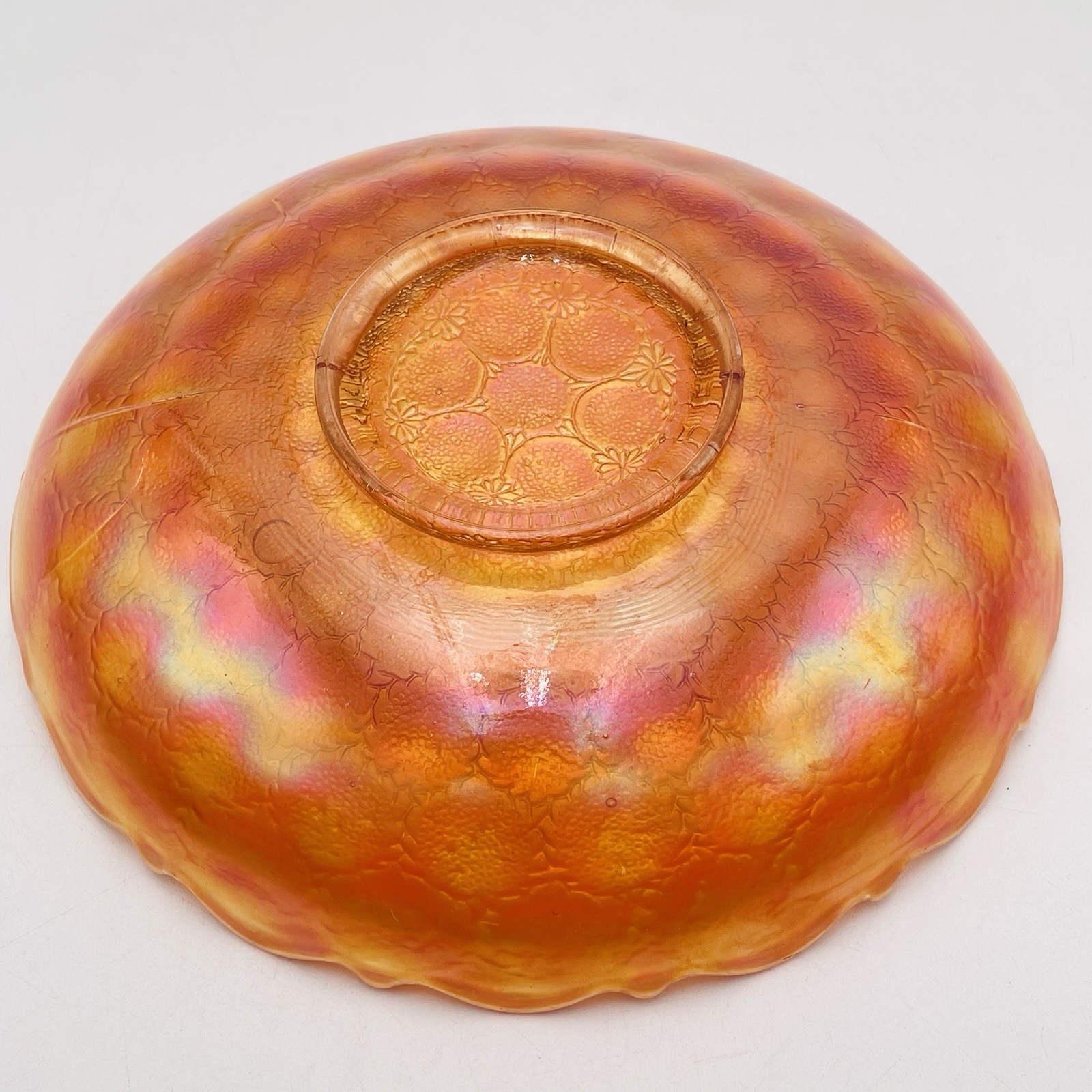 Antique Fenton Feather Stitch Orange & Marigold Carnival Glass Ruffle Bowl