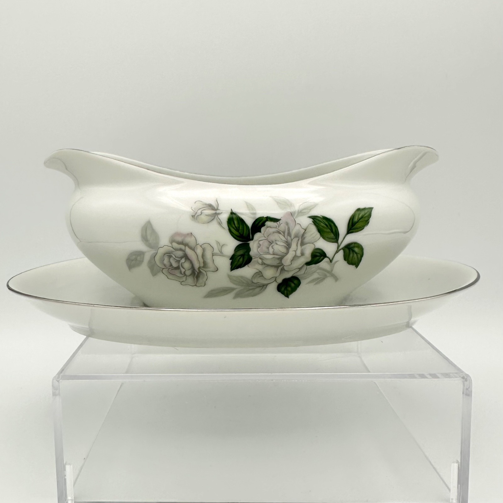 Sone China GRAY PEARL PLATINUM TRIM Gravy Boat Att. Underplate Roses #1873 Japan