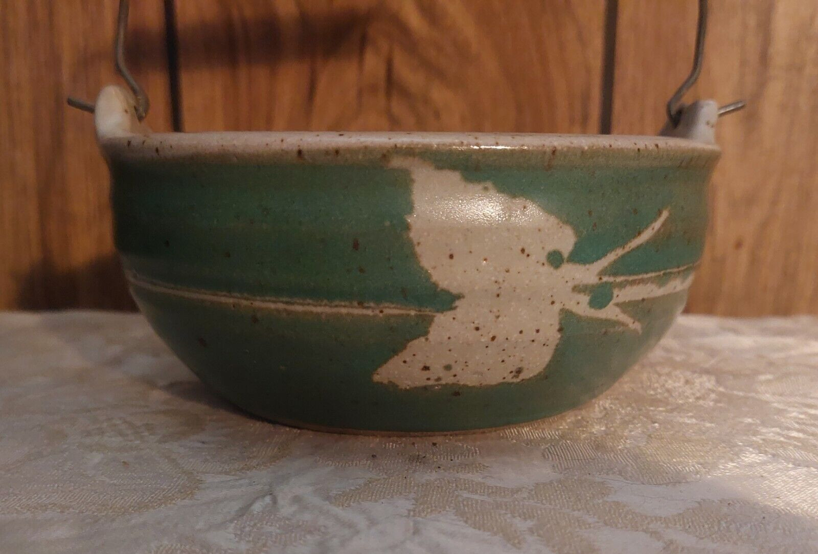 Stoneware Bail handle bowl signed small, miniature, green, tan and grey