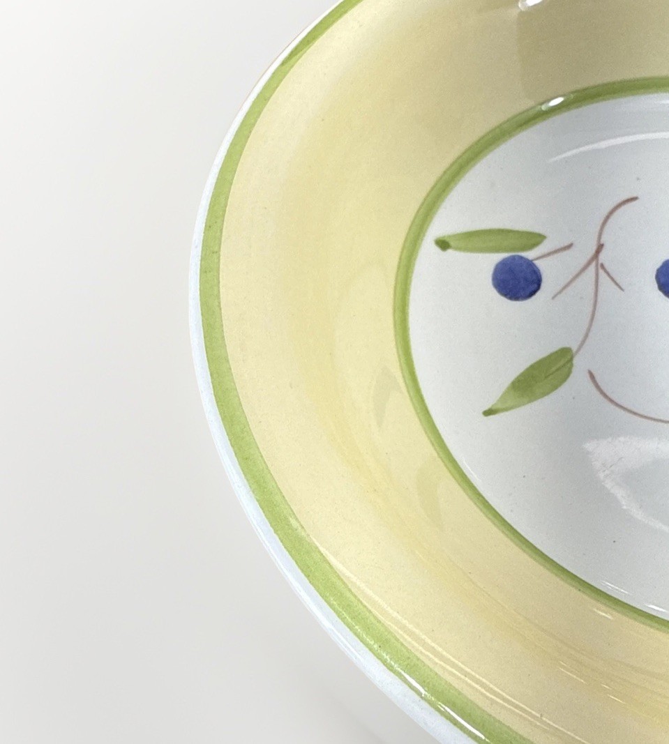Vintage CMS Italy Hand Painted Blue Berry Bowl 8.25” Yellow Green Rim