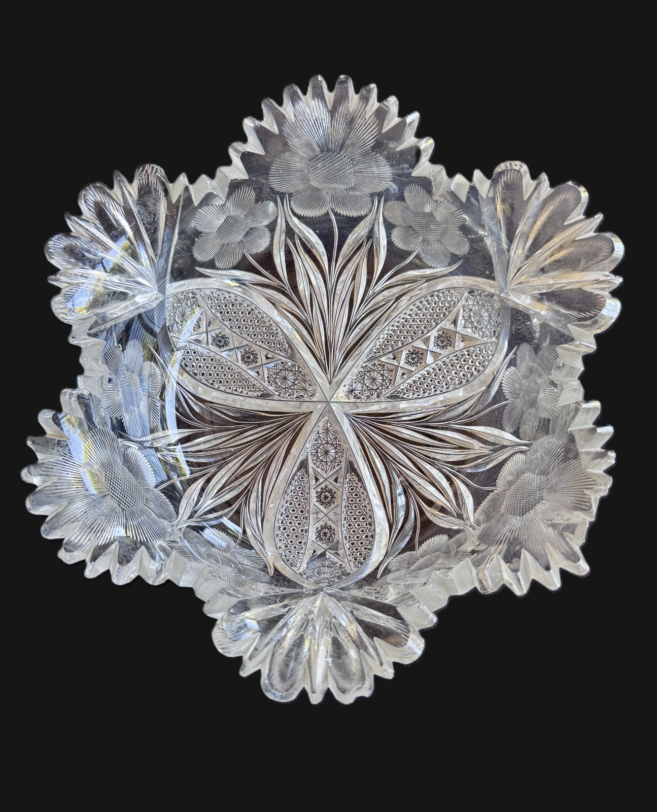 American Brilliant Period ABP Cut Glass Bowl Floral Intaglio Sawtooth 10″