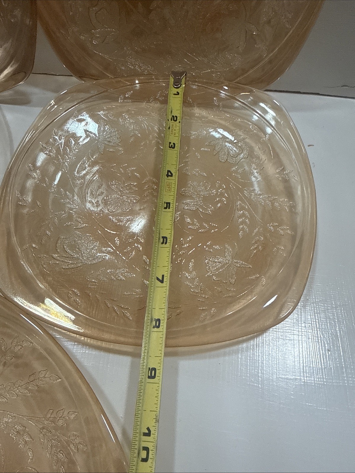 Jeannette Glass Floragold “Louisa” Iridescent Dessert Plates /bowl MCM Marigold