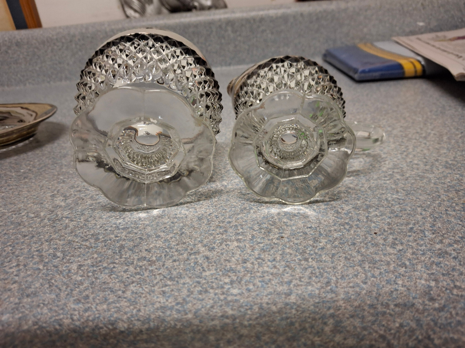 Indiana DIAMOND POINT CRYSTAL w/ Silver FLASH FOOTED CREAMER & SUGAR w/ TRAY