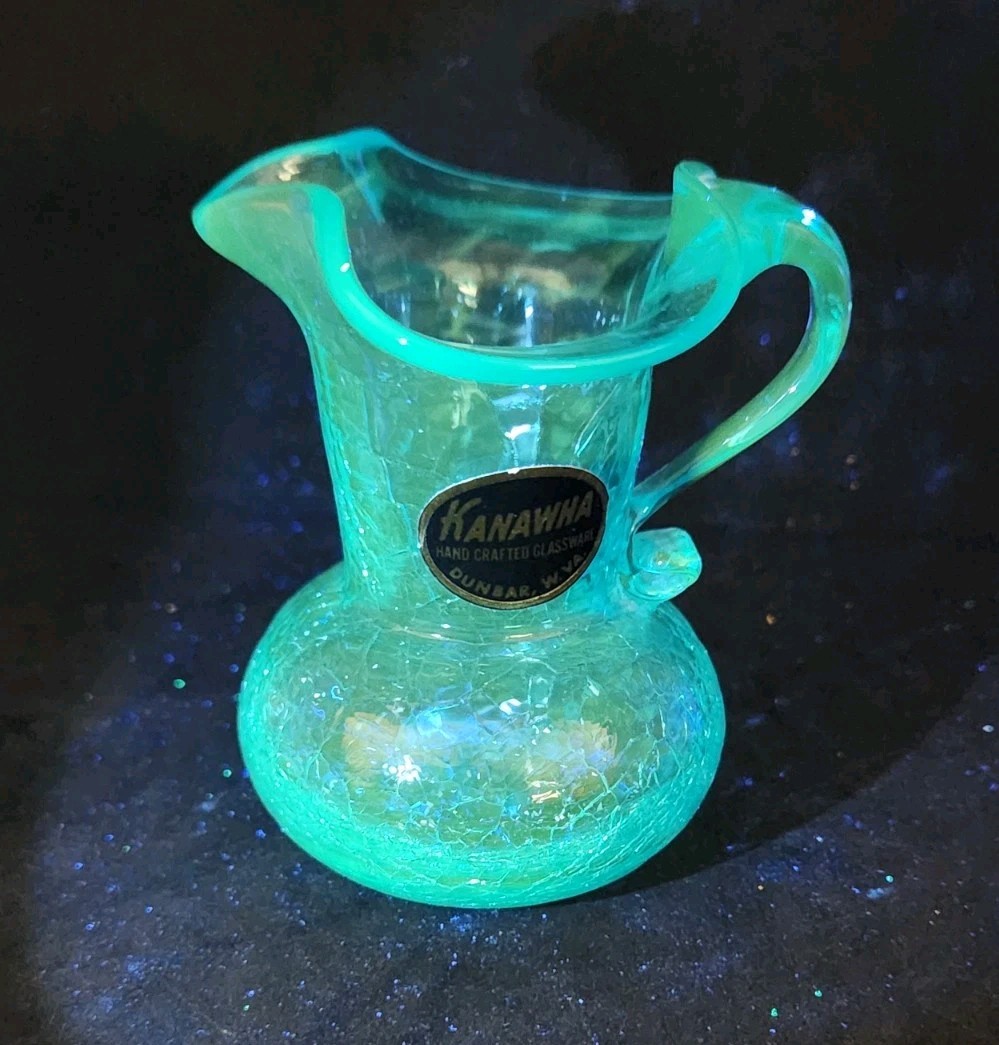 Vintage Kanawha Blue Crackle Glass Creamer Pitcher 3 Inches Glows!