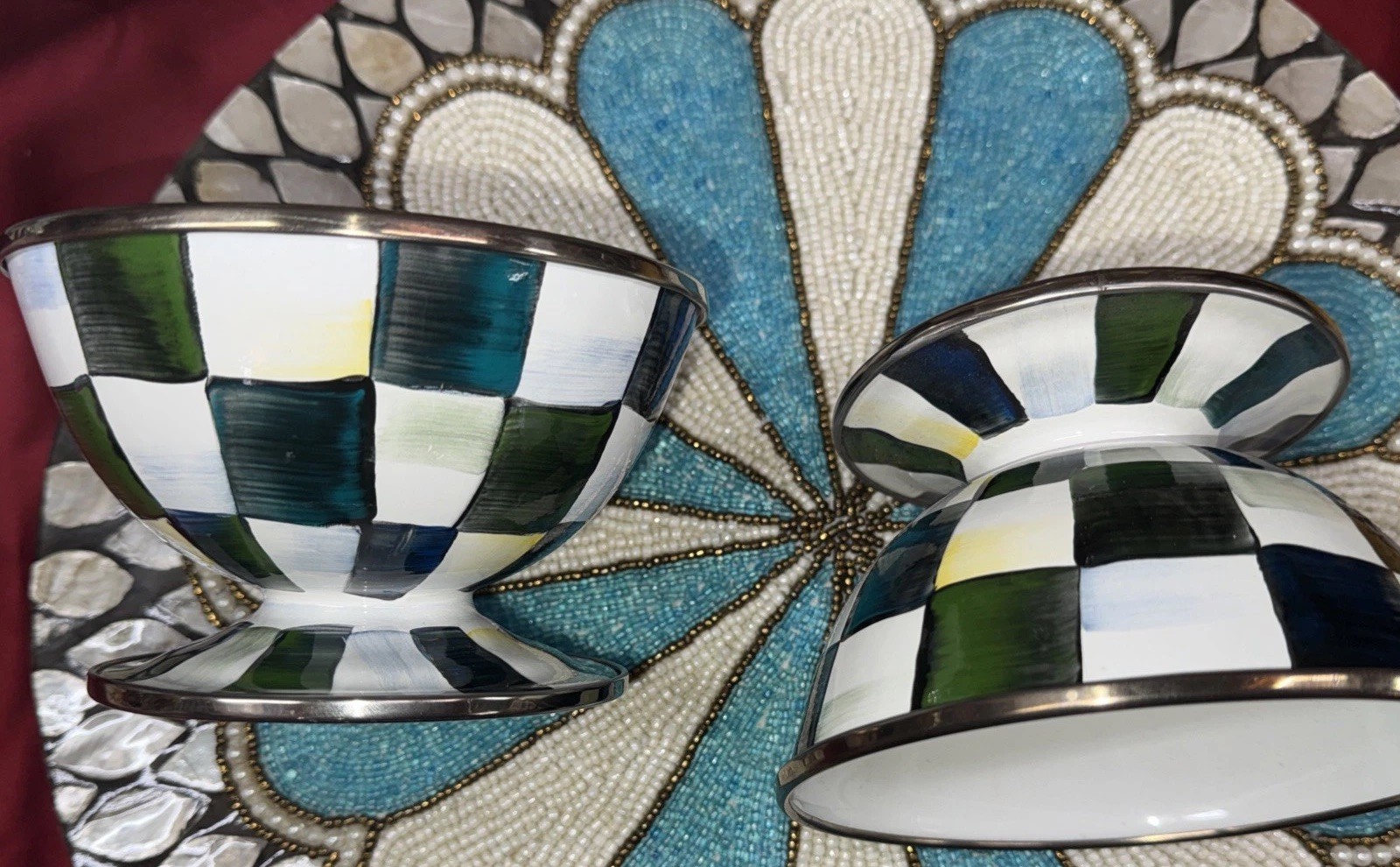 MacKenzie Childs Courtly Check Enamel Ice Cream Dish New Set Of 2