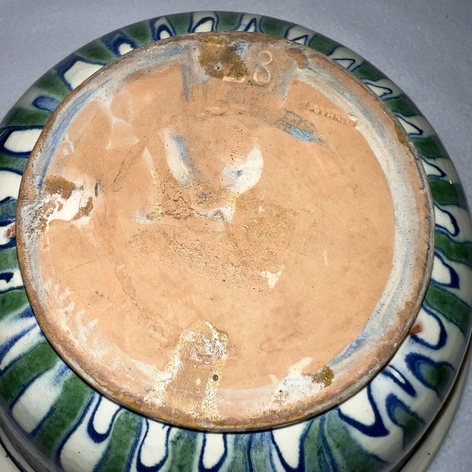 MCM Folk Art Serving Bowl peacock slip trail glaze green and blue swirl mofit