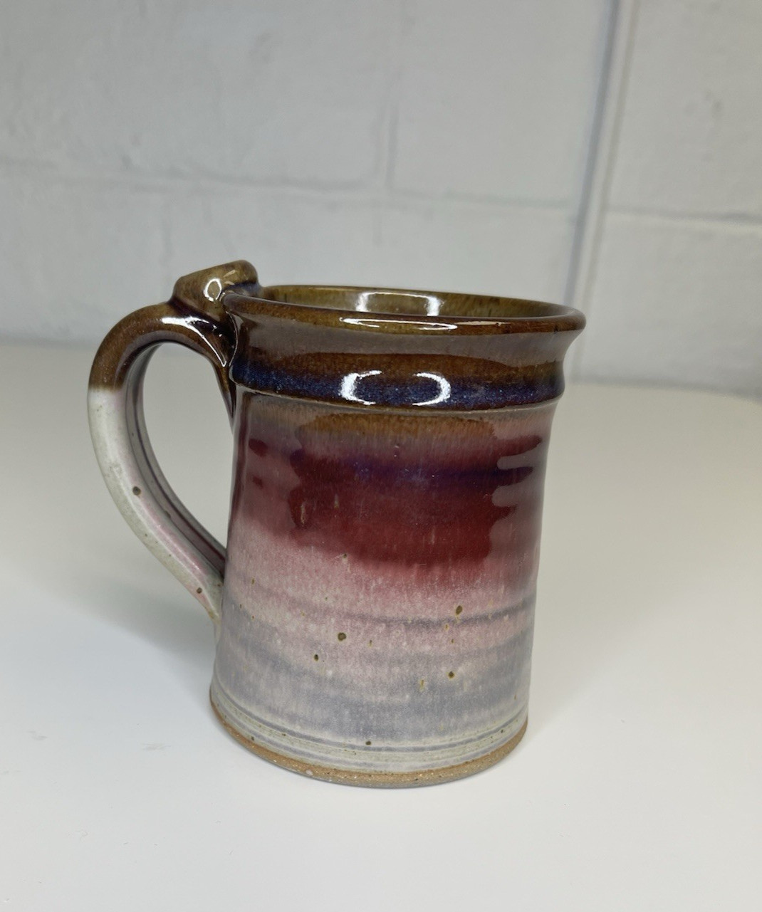 Nichols Pottery Stoneware Mug Variegated Drip Glaze Red Ivory Brown Thumb Rest