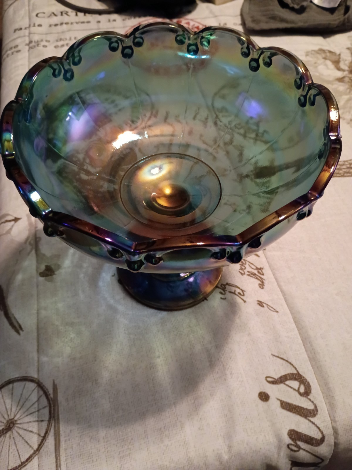1970s Indiana Glass Iridescent Blue Carnival Glass Pedestal Compote/ Candy Bowl