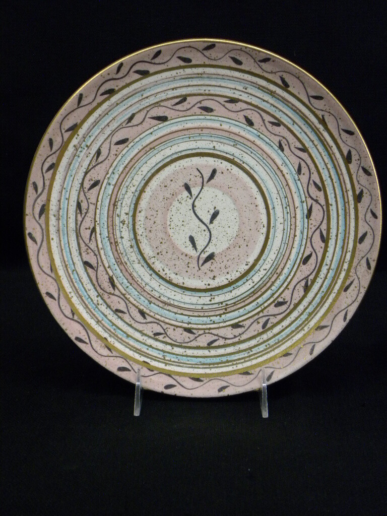 Set of 10 1950’s Circular Pink & Gold Speckles CA Pottery 10 1/2″ Dinner Plates