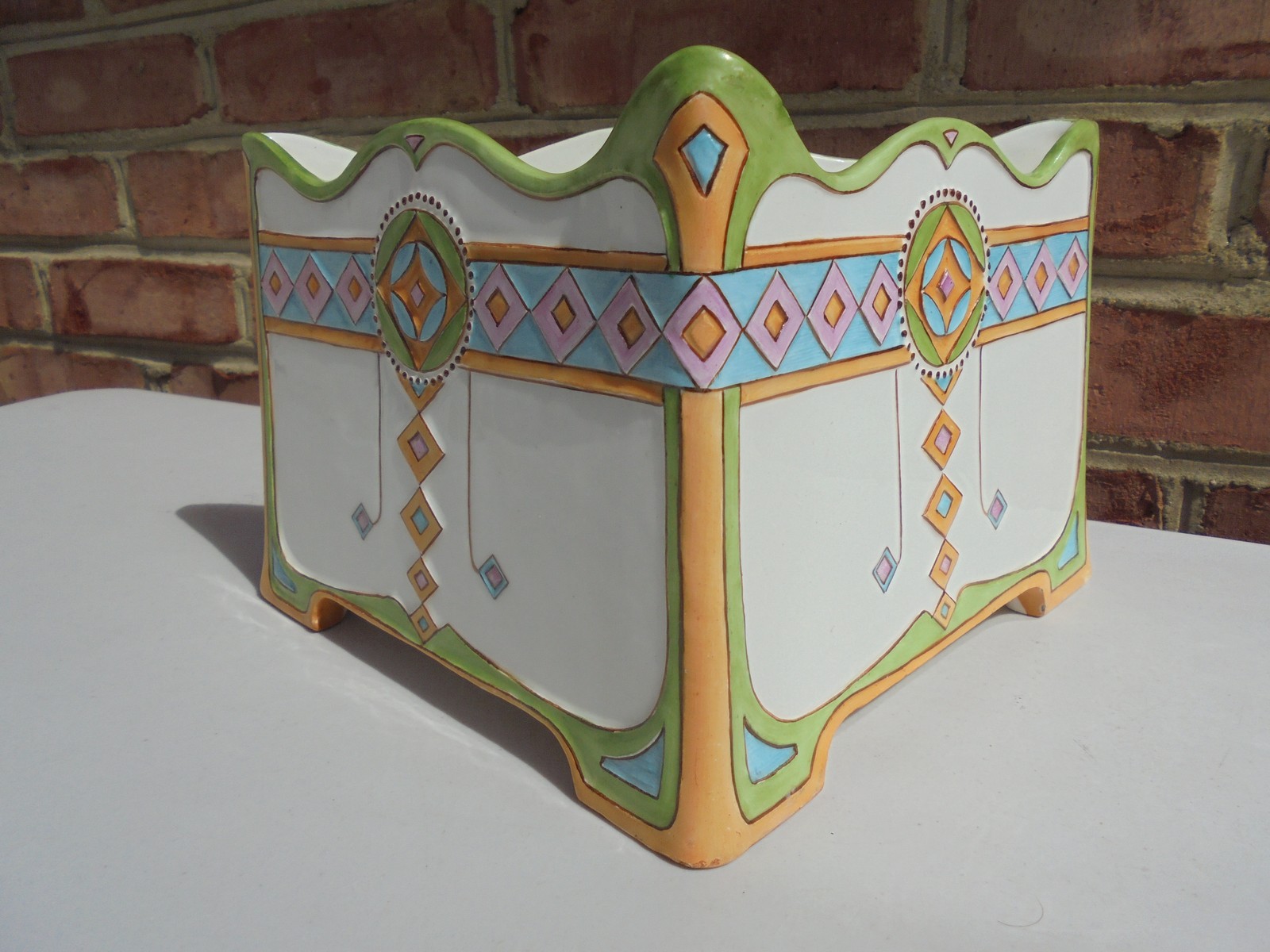 Unusual Antique Secessionist Style Majolica Triangular Ftd Bowl 10 1/2″