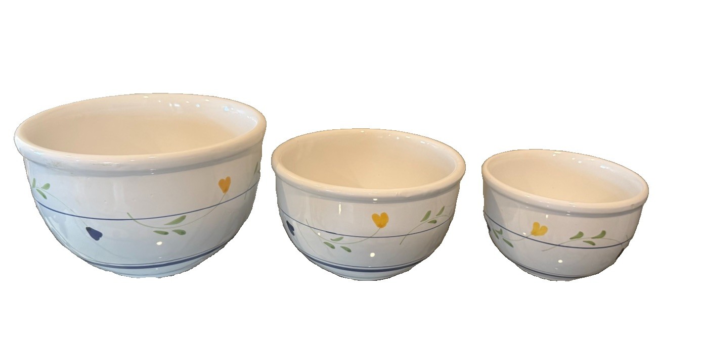 Vintage Italy Nesting Ceramic Mixing Bowl Set 3pc Floral Blue Line Stoneware Pot