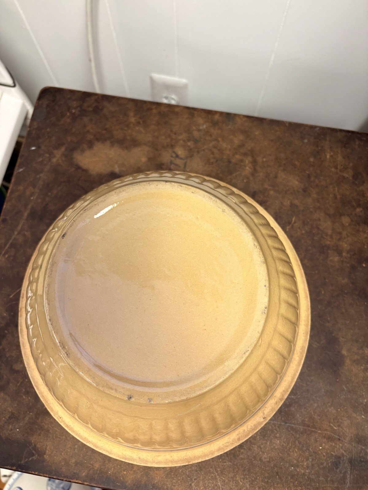 Beige & Blue Ceramic Band Pattern Round Glossy Bowl, Approx. 9 in Diameter