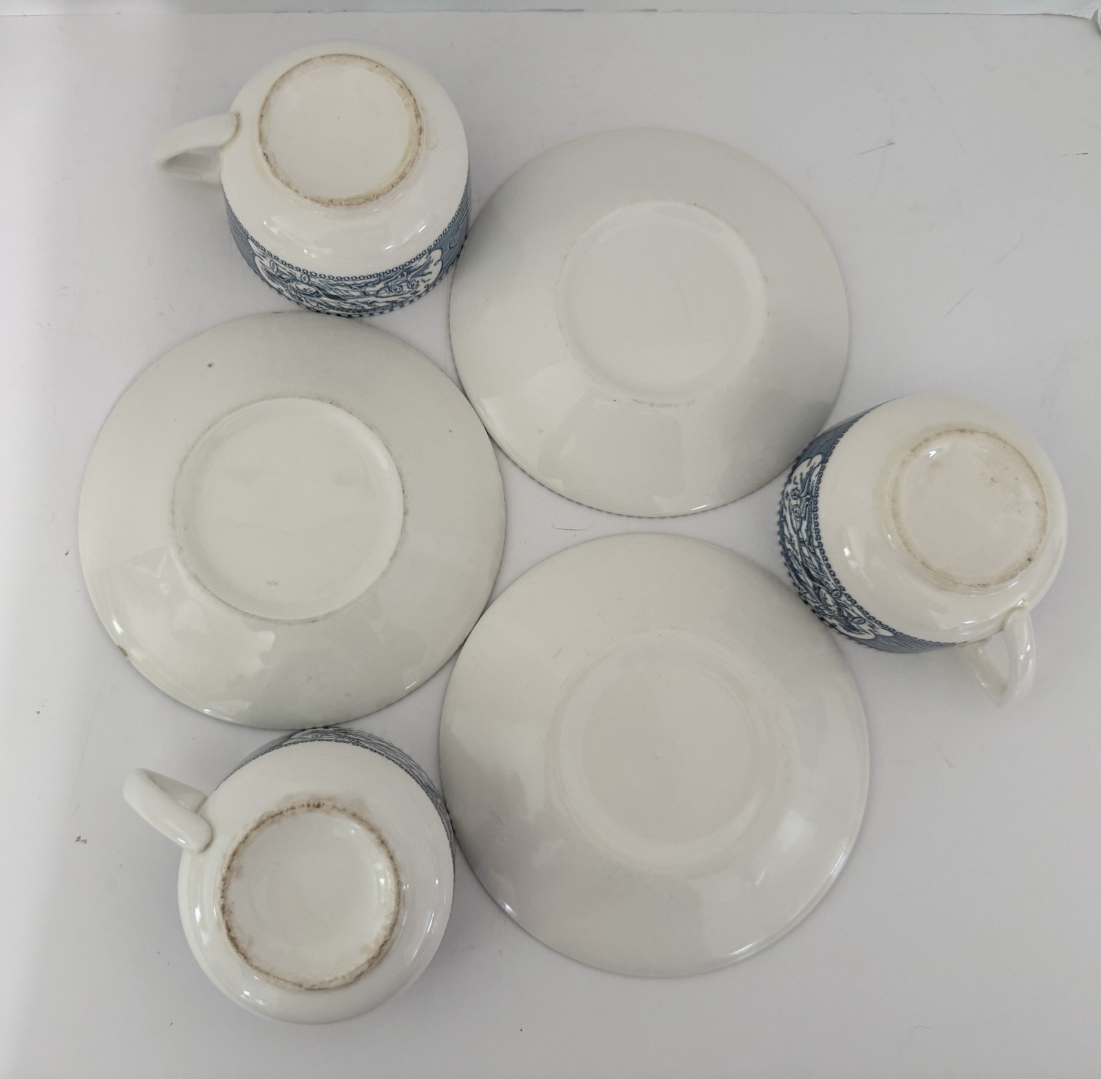 Currier & Ives Blue Royal China Coffee Tea Flat Cups With Saucers Lot of 2 Sets