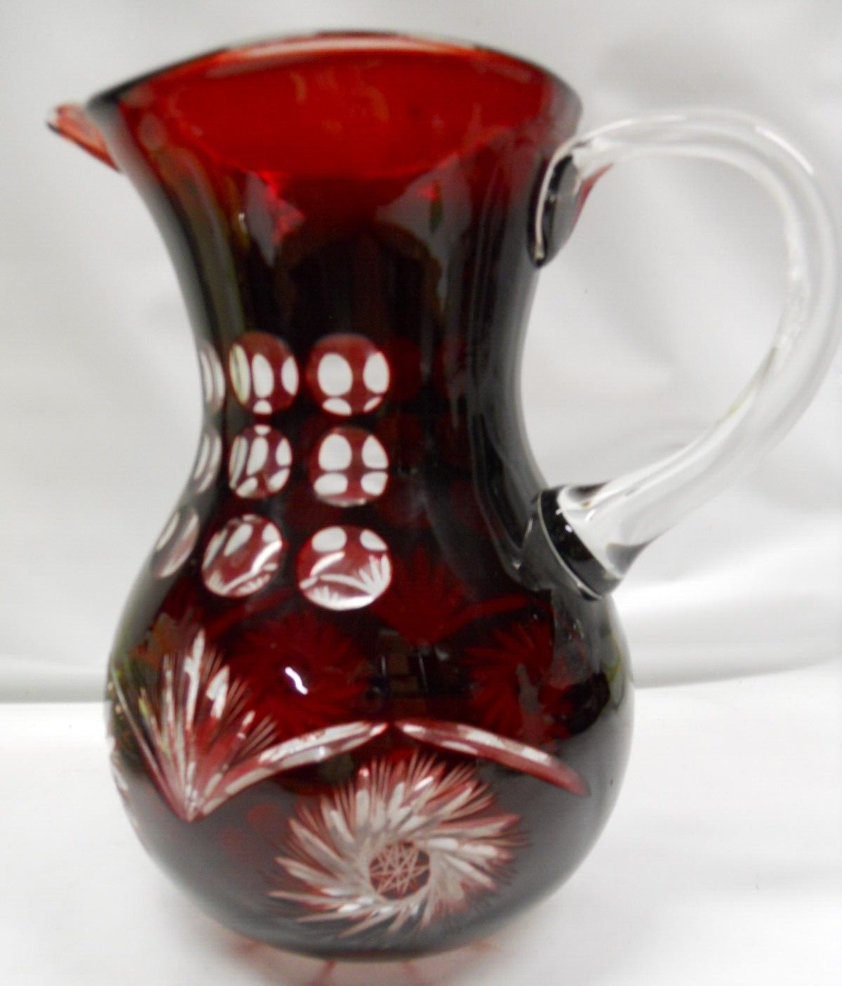 Clear Pitcher Boho Dark Ruby Red Czech Deep Glass 9″ tall clear glass handle