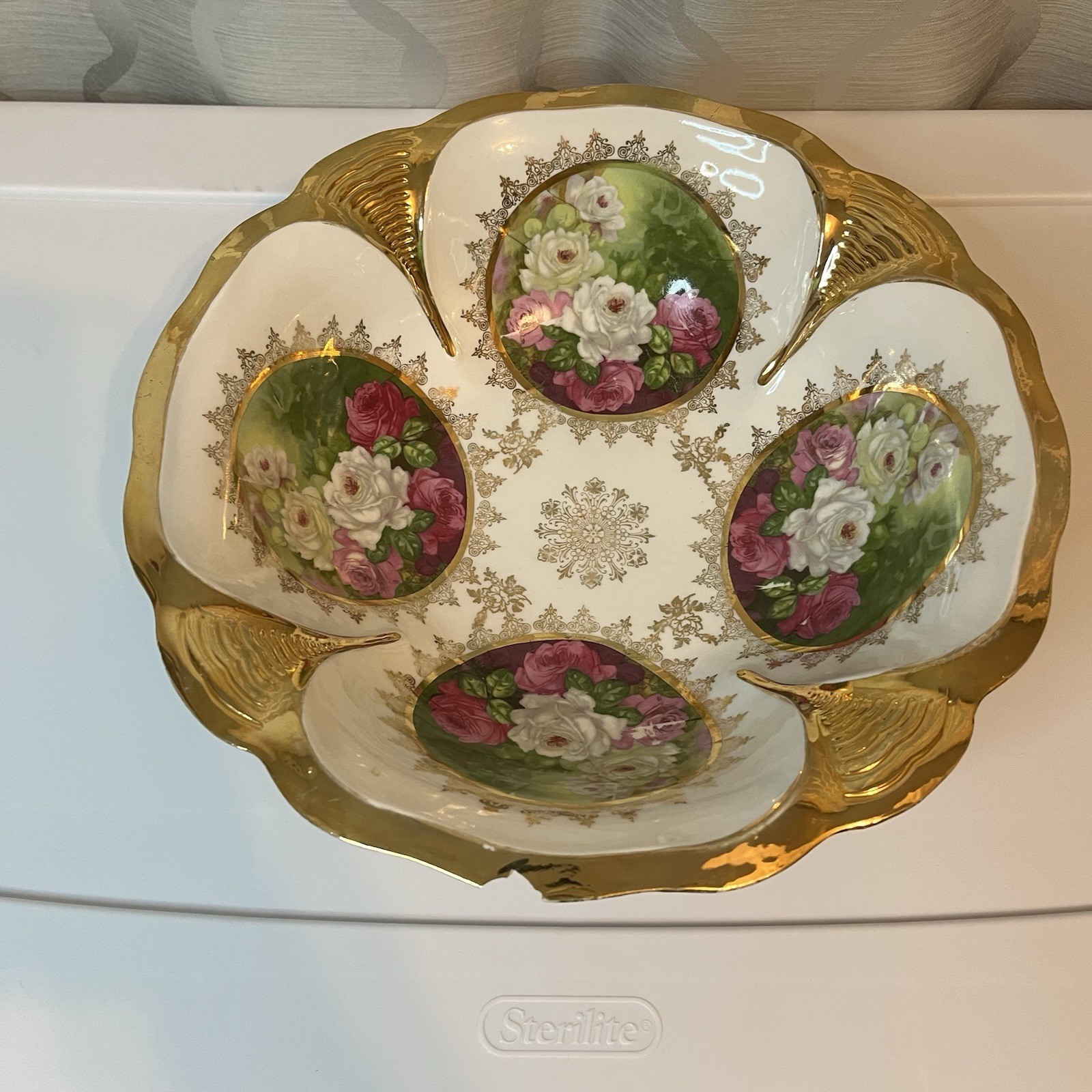 Vintage IPF Germany Porcelain Bowl Pink White Roses