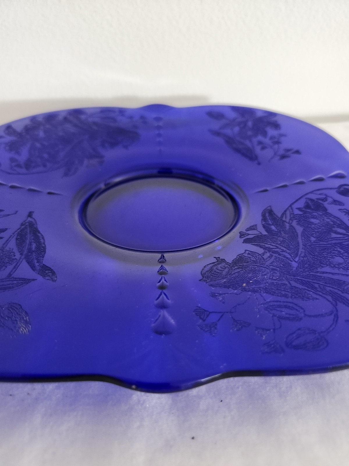 Paden City 10″ Cobalt Blue Glass Square Console Tray plate Orchids Crows feet