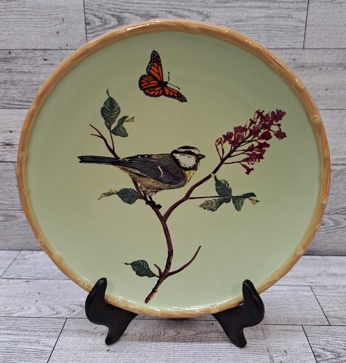 Parus Bird Orange Butterfly Decorative 8¼” Plate Bambo Border Green Background