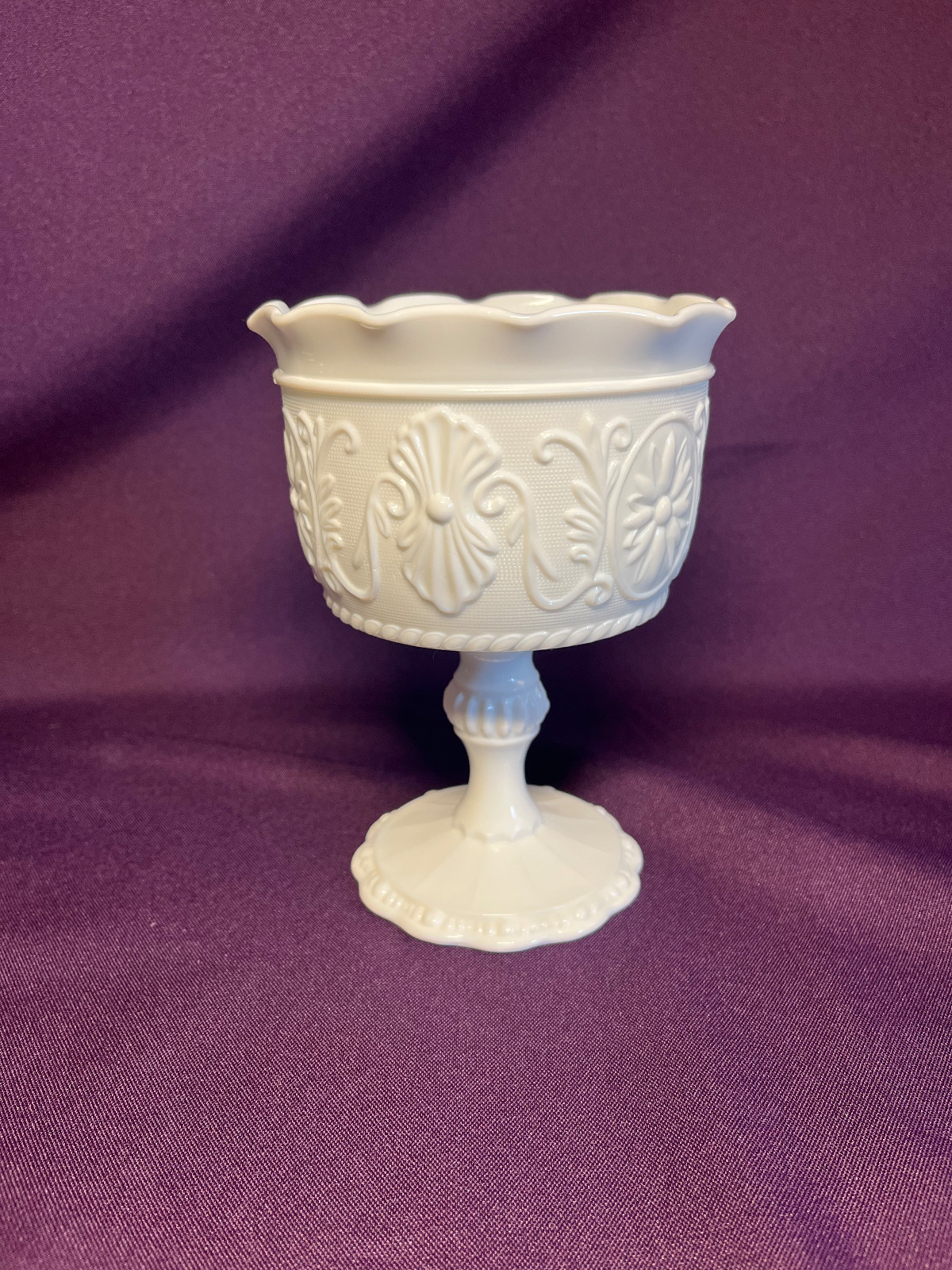 Vintage Indiana Glass Milk Glass Compote Pedestal Bowl in Harvest Grape Pattern