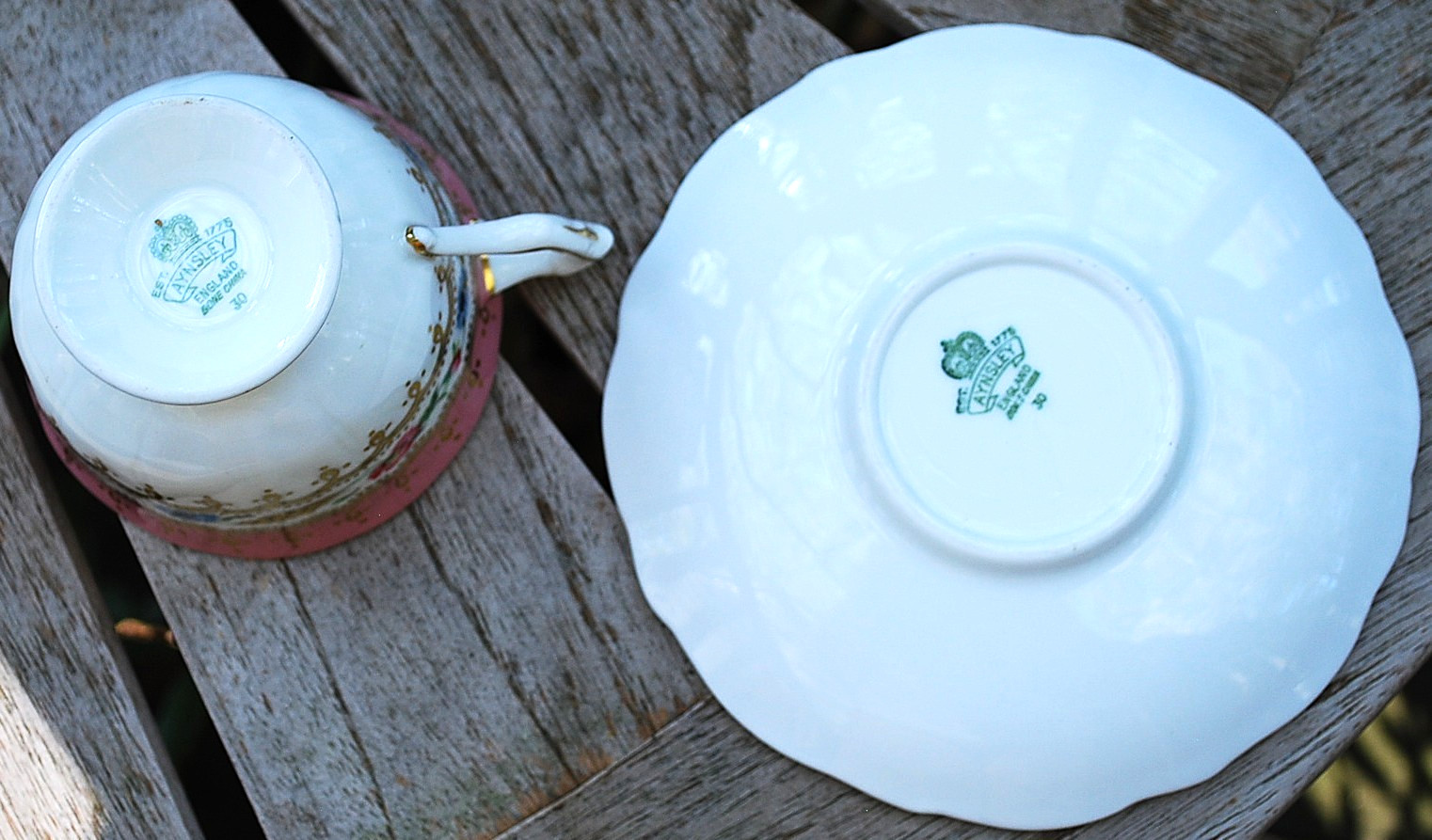 Vtg AYNSLEY ENGLAND Footed Teacup & Saucer HARVEST WHEAT/PINK FLORAL Bone China