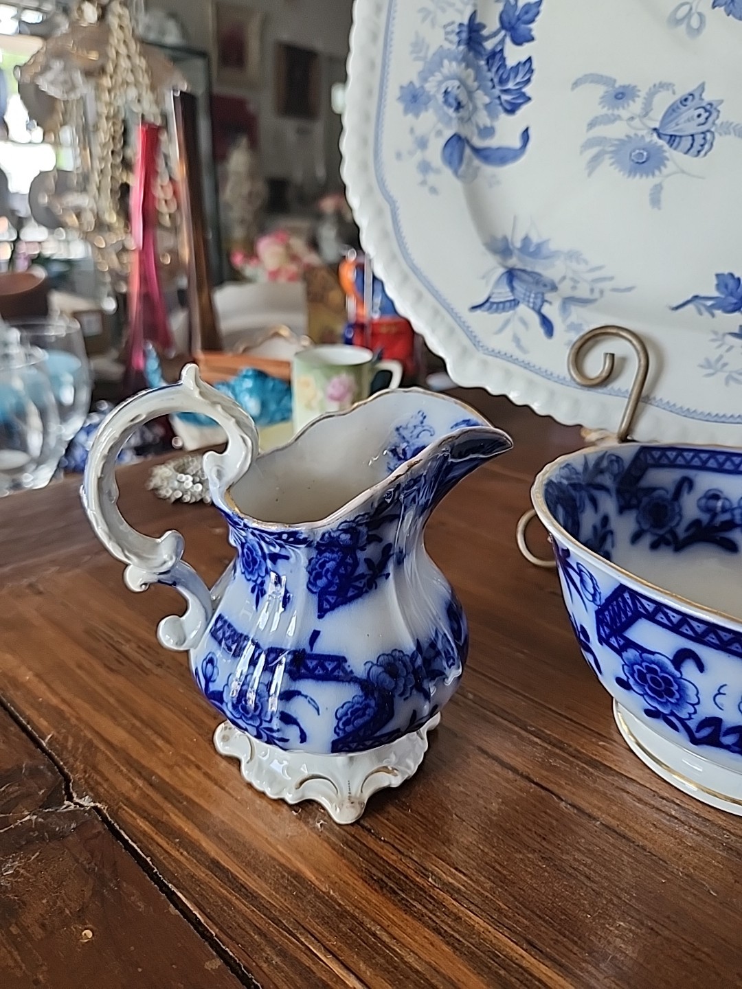 Rare Flow Blue Sugar Creamer And Bowl Trio Set Asian Motif Gold Band