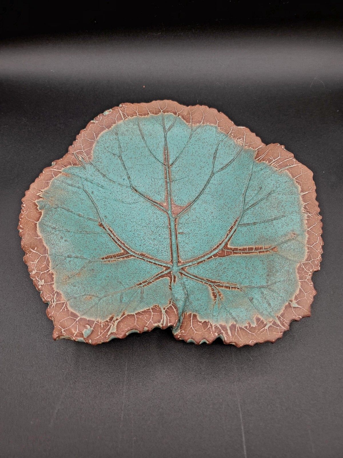 Large Studio Art Pottery Turquoise Maple Leaf Bowl Serving Dish 2007 SIGNED