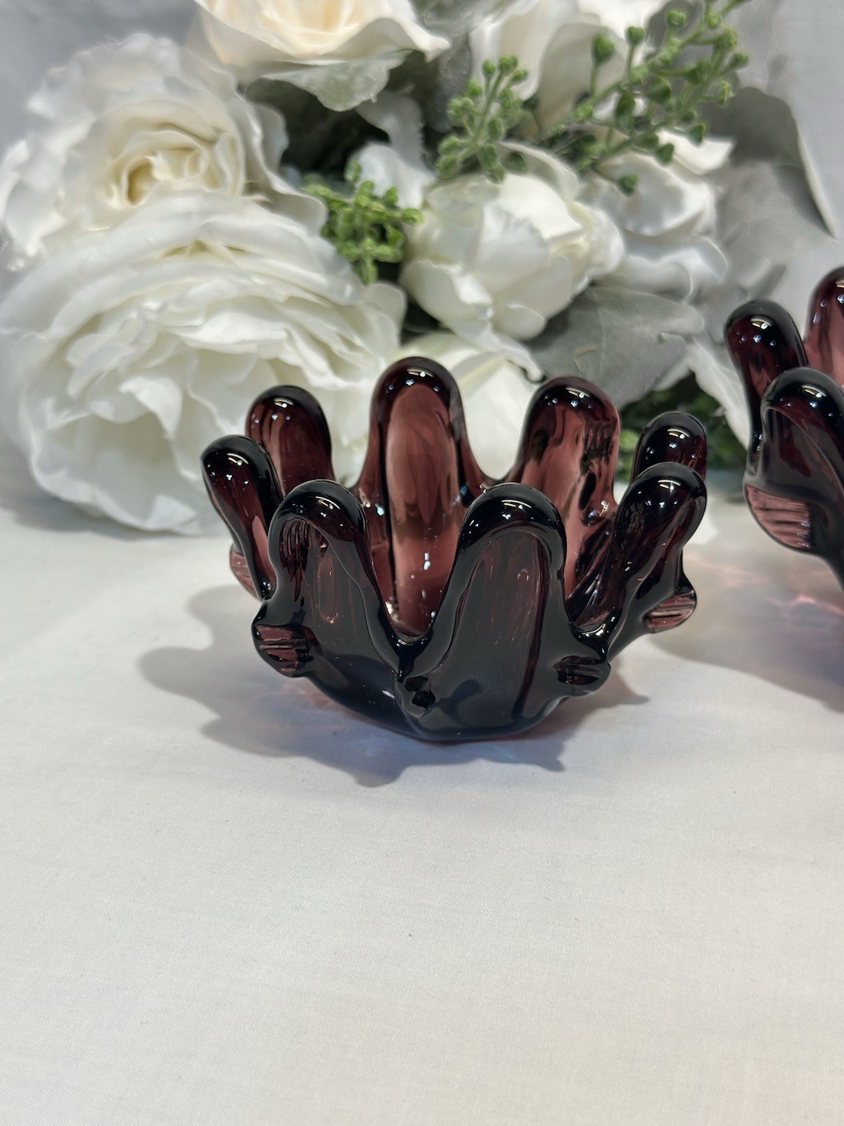 Pair Of Vintage Amethyst Purple 8 Finger Art Glass Dishes 2.5” & 3” Blown Glass