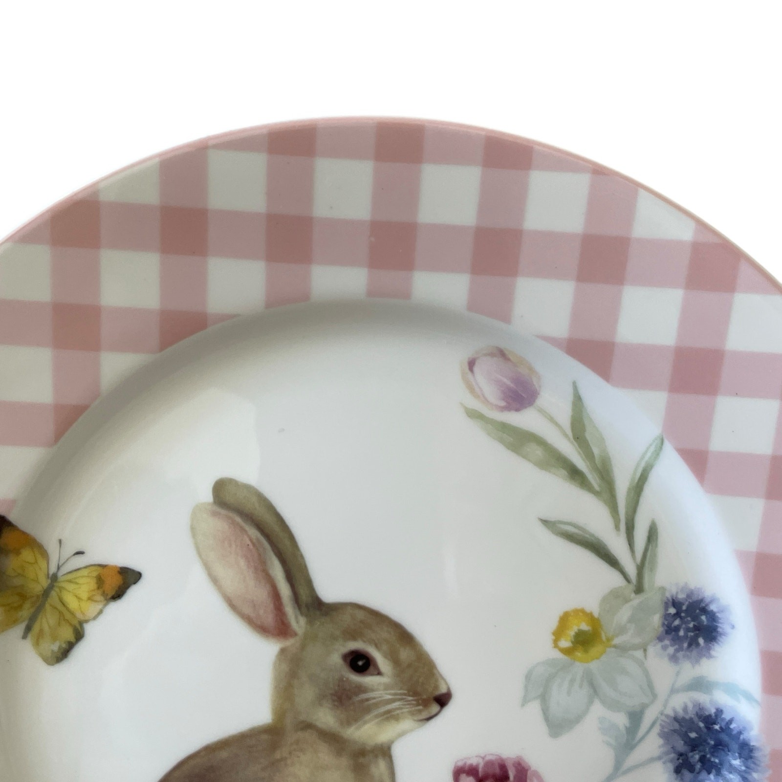 Grace Teaware Bunny Floral Pink Gingham 8in Side Salad Plates Set of 4 NEW