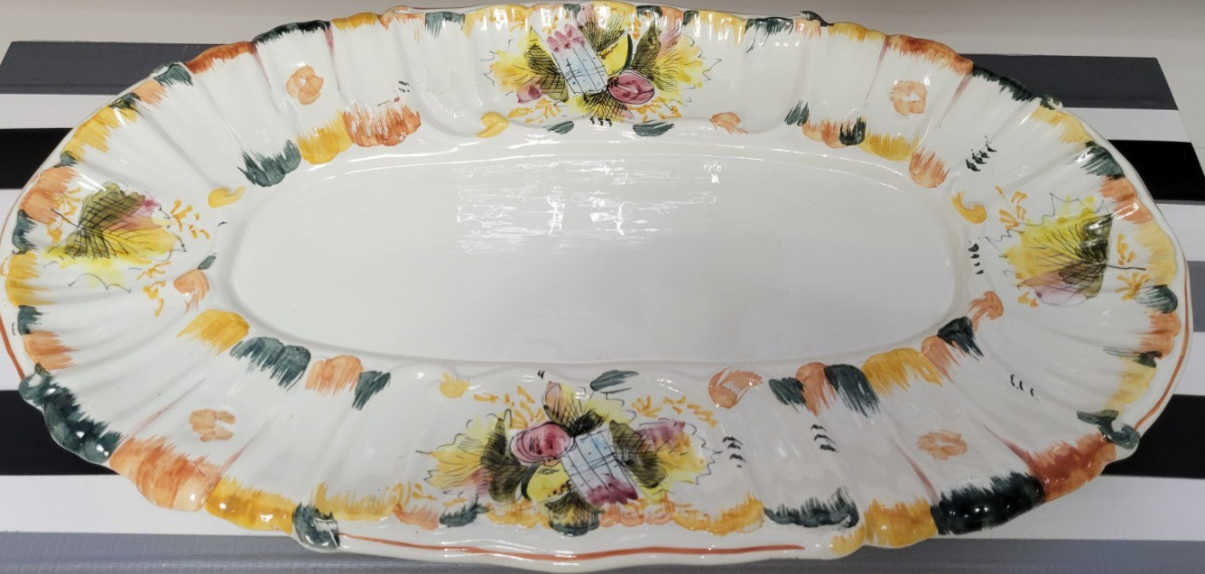 25 INCH BEIGE HANDPAINTED CERAMIC OVERSIZED OVAL SERVING PLATTER 7 POUNDS