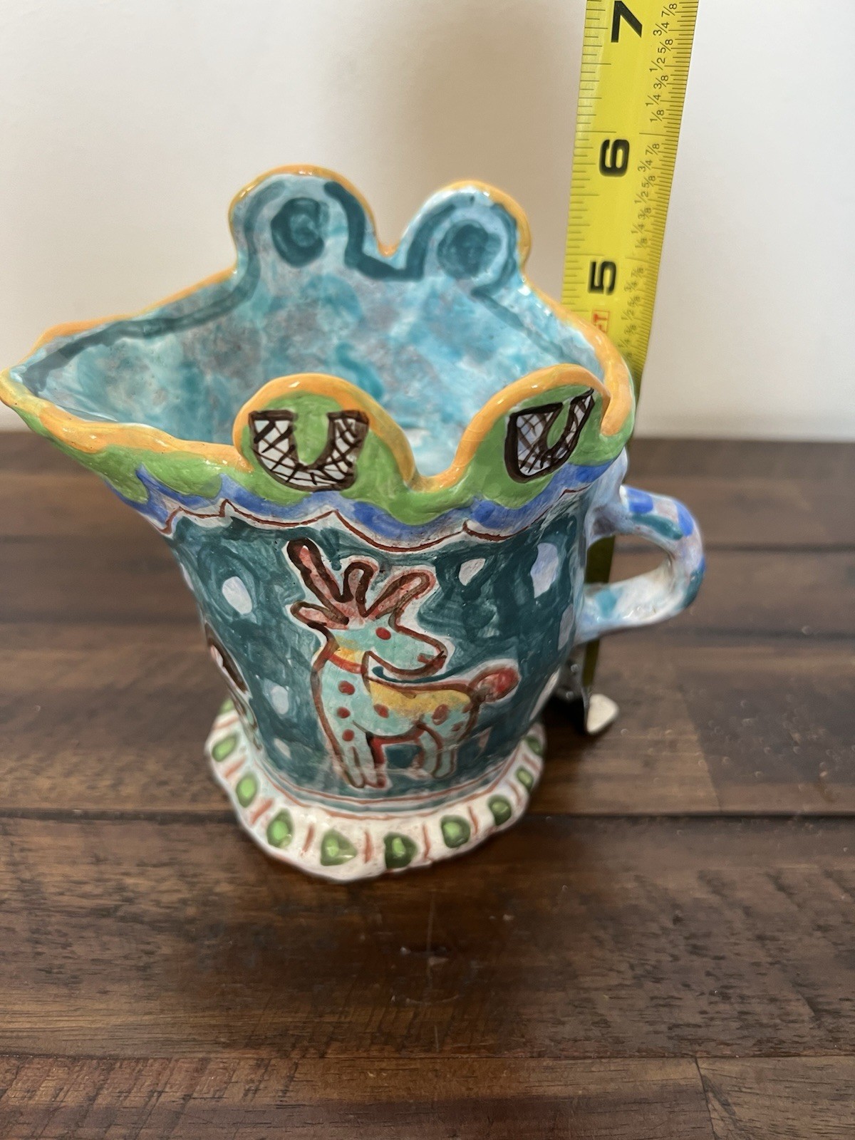 Handmade Folk Art Whimsical Pitcher Colorful Studio Ceramic Pottery Home Decor