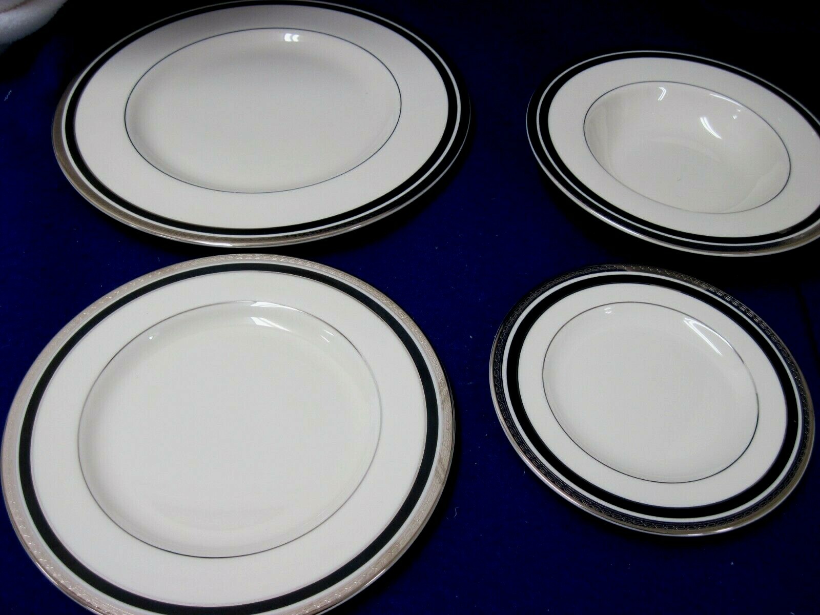 PICKARD NOCTURNE FOUR PIECE PLACE SETTING, DINNER PLATE, BREAD, SALAD, SOUP.