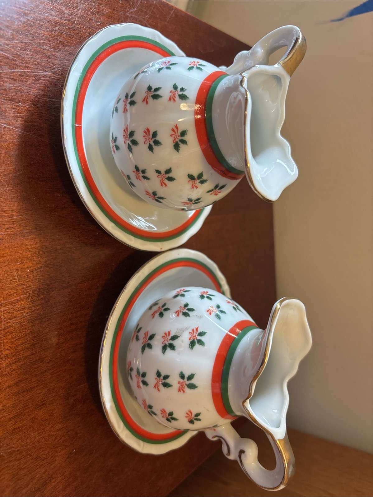 Mini Pitcher ,Creamer And Saucer Sets. Holly 2396, Lefton China Gold Trim – Pair