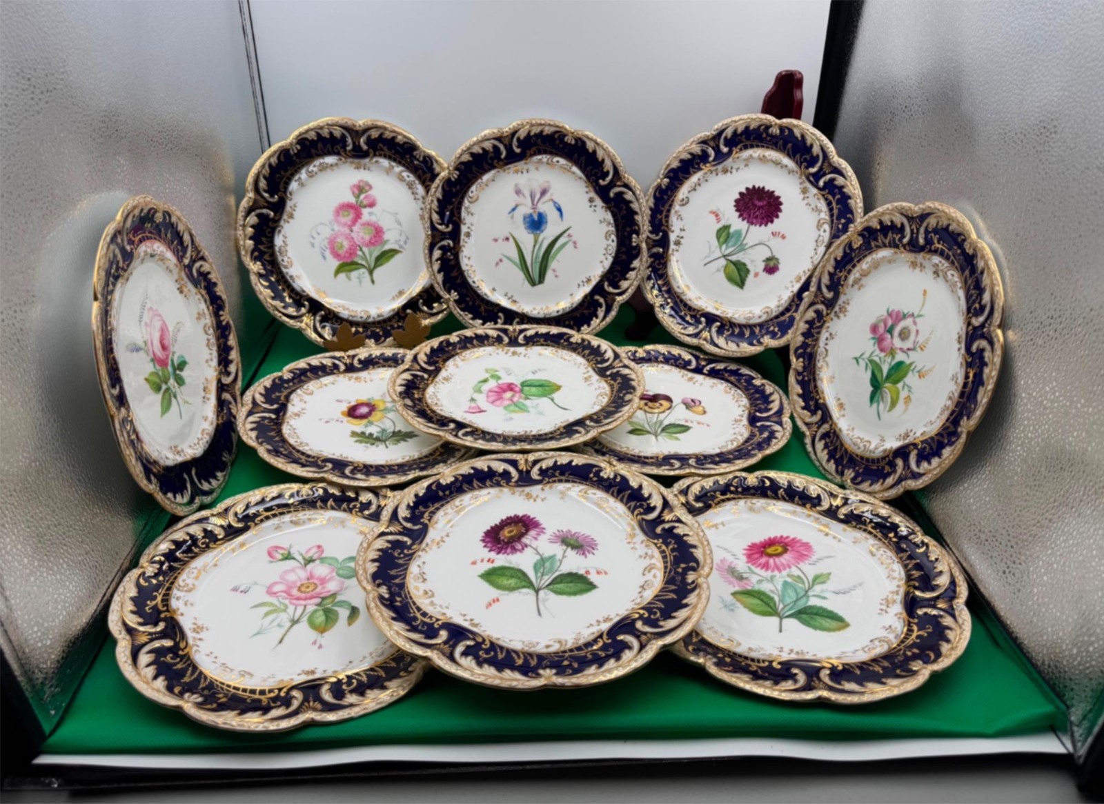Set of 11 Antique Cobalt Blue & Gold Hand Painted Floral Luncheon Plates