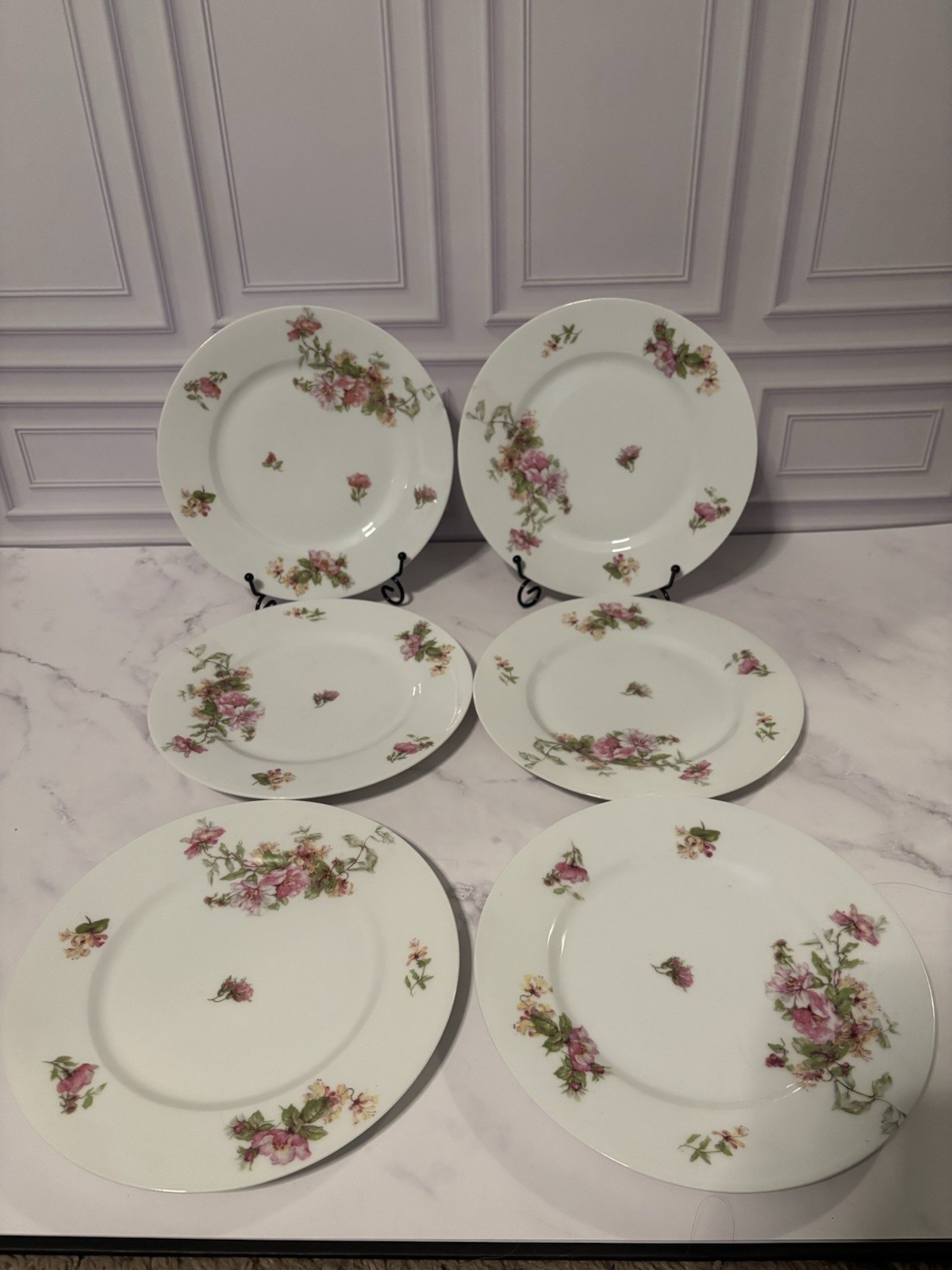 Limoges France Floral Porcelain Plates White Pink Green Salad Plates Set of 6