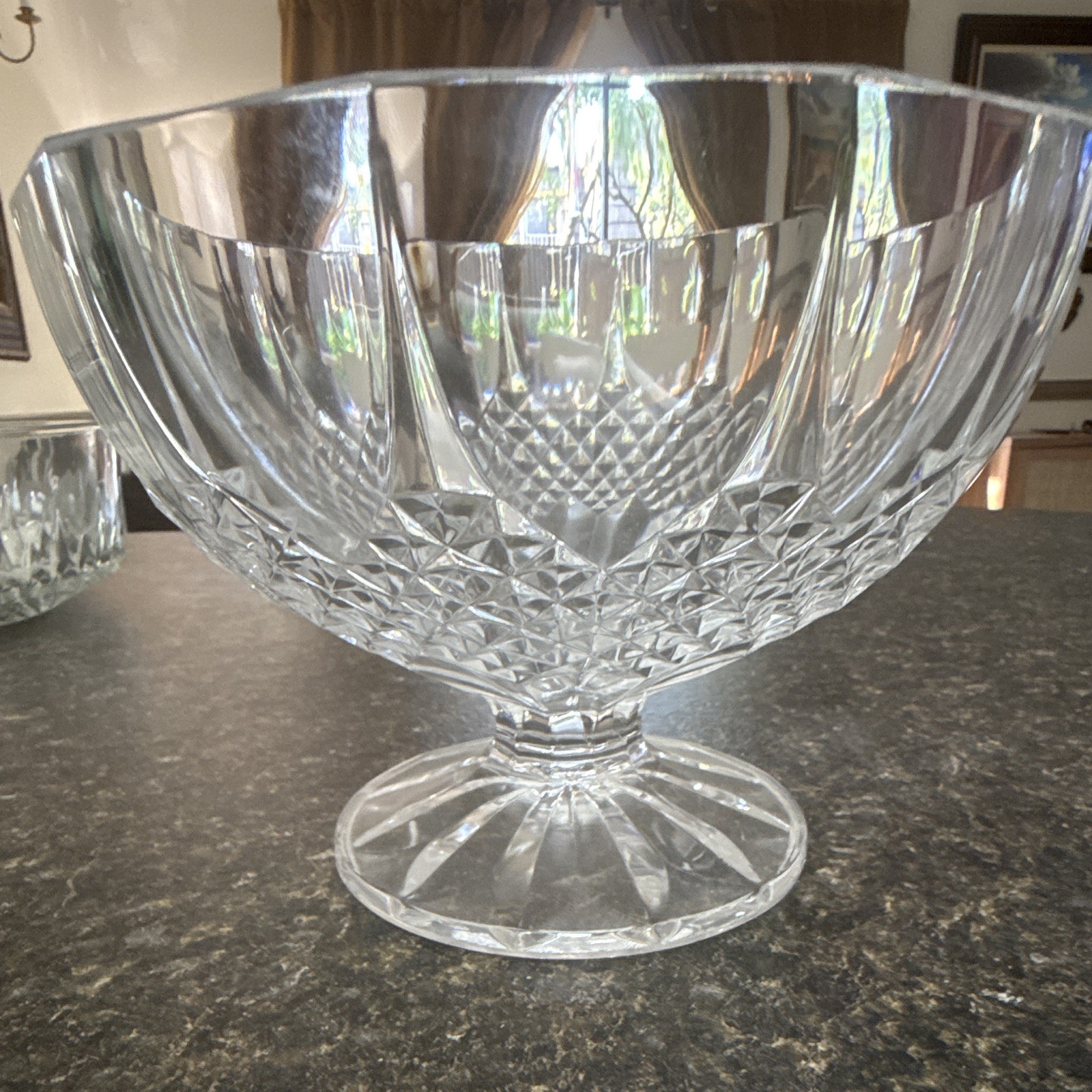 Clear Cut Glass Diamond Pattern Round Pedestal Footed Serving Bowl Compote