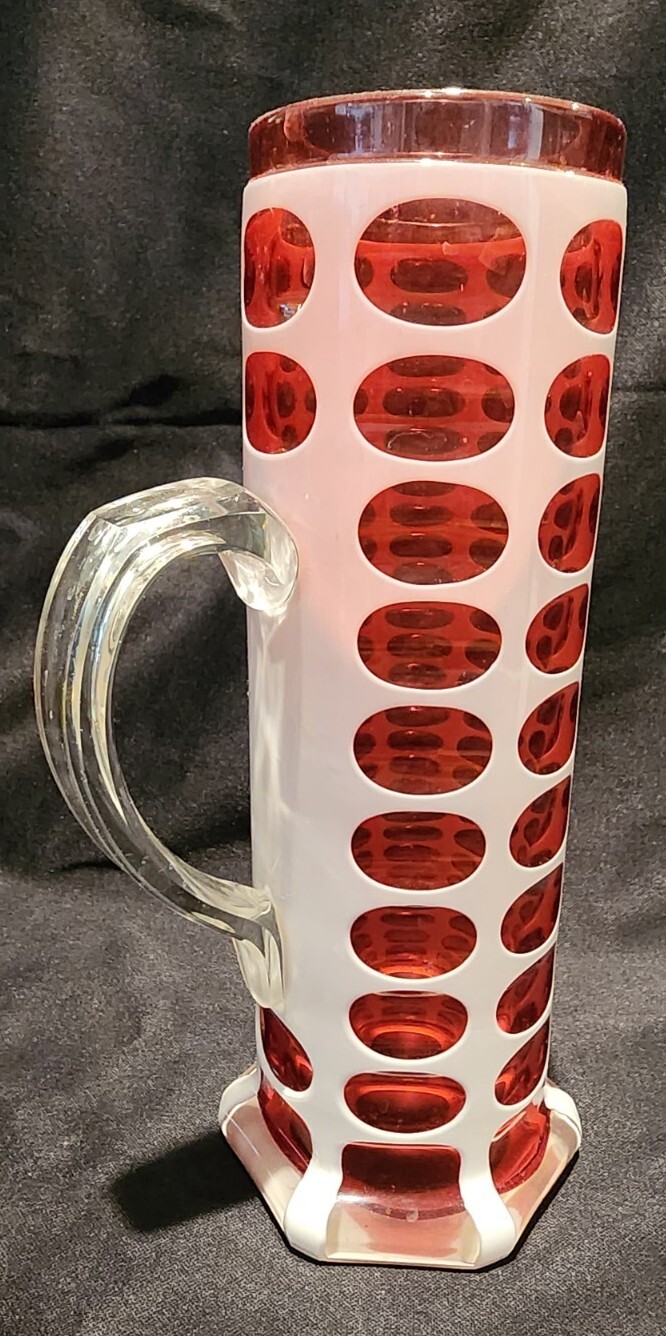 Stunning 9″ Antique Bohemian Cased Cut To Cranberry Bohemian Art Glass Pitcher
