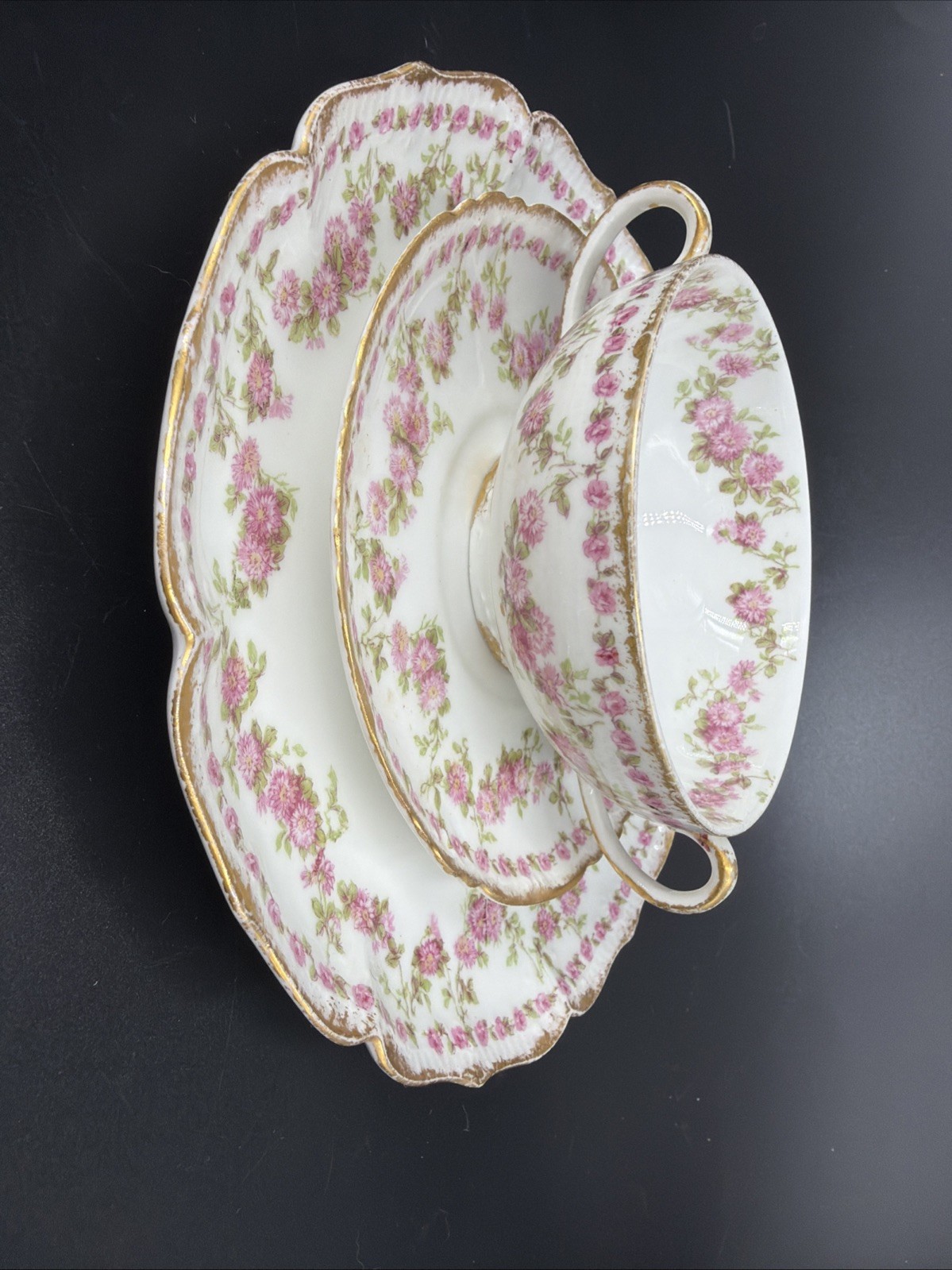 Gerard Dufraisseix Abbot LIMOGES Rose Garland Cup Saucer Plate 3 PC GDA88 France