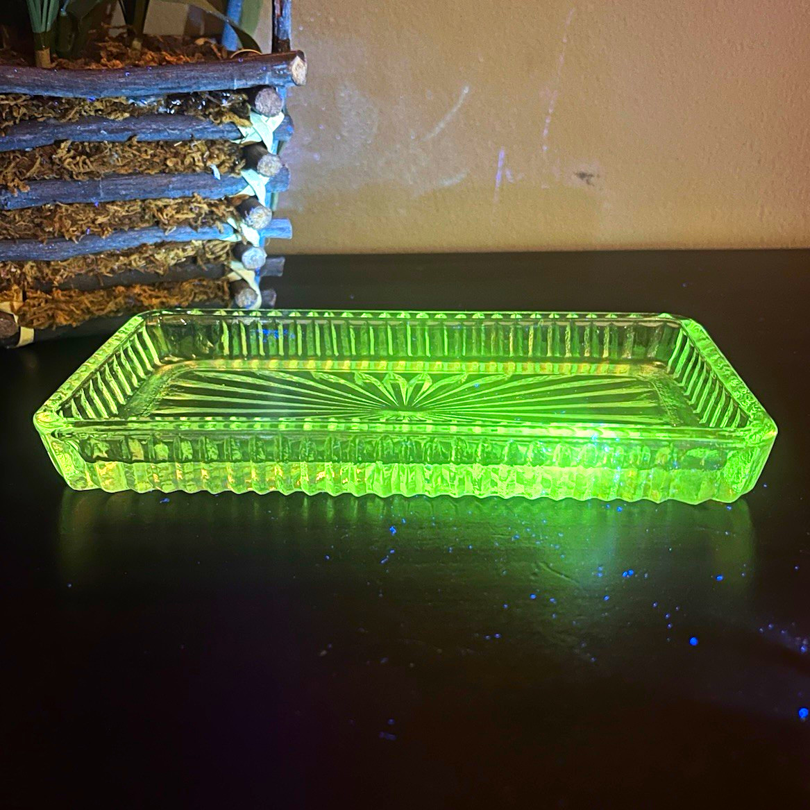 Vintage Glowing Glass Rectangular Trinket Tray Starburst Pattern UV Reactive
