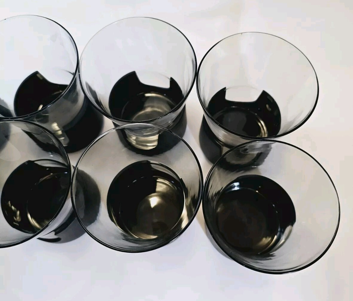 (8)Vtg Corning Glas-Snap Whiskey Black Base Atomic Mcm Mod Barware