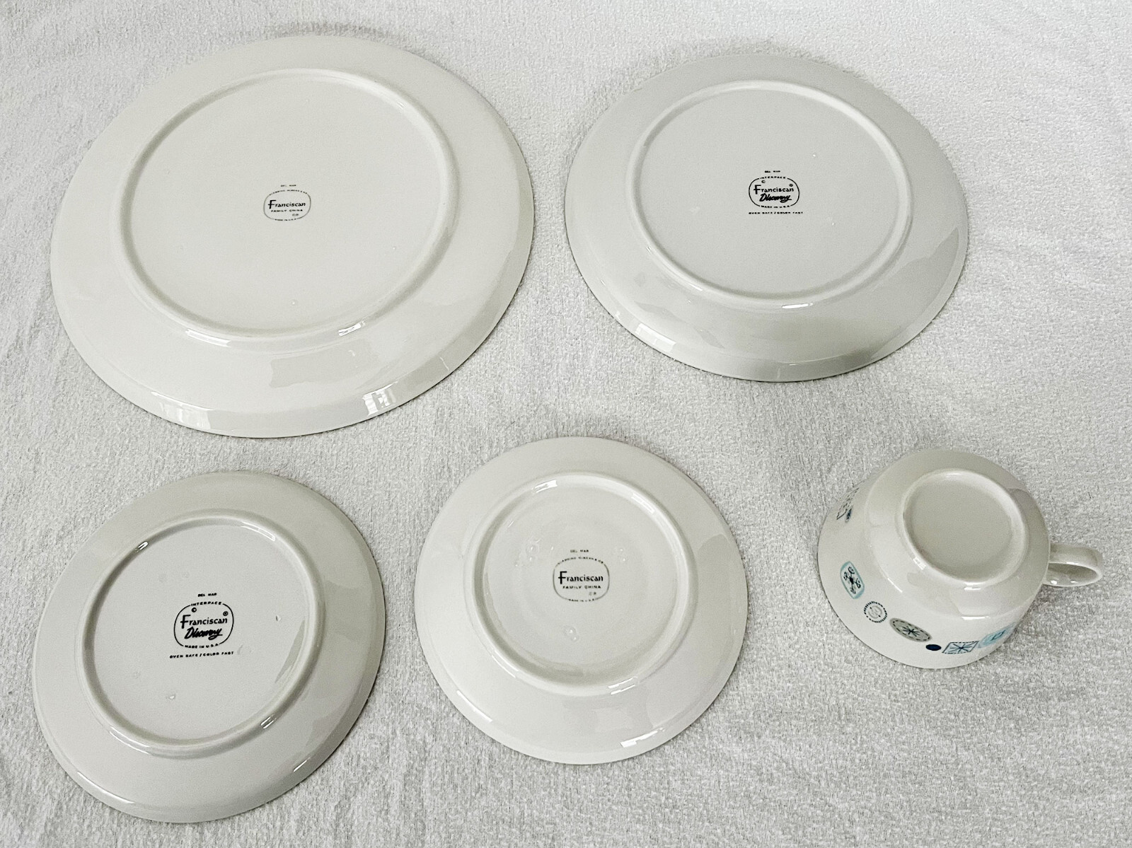 1950s-60s Franciscan Del Mar 5-Piece Placesetting EUC Atomic 3 Plates/Cup/Saucer
