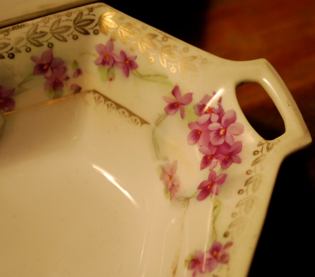 Set 2 HAND PAINTED VIOLETS Antique Prussia Hexagonal Porcelain CANDY Dishes